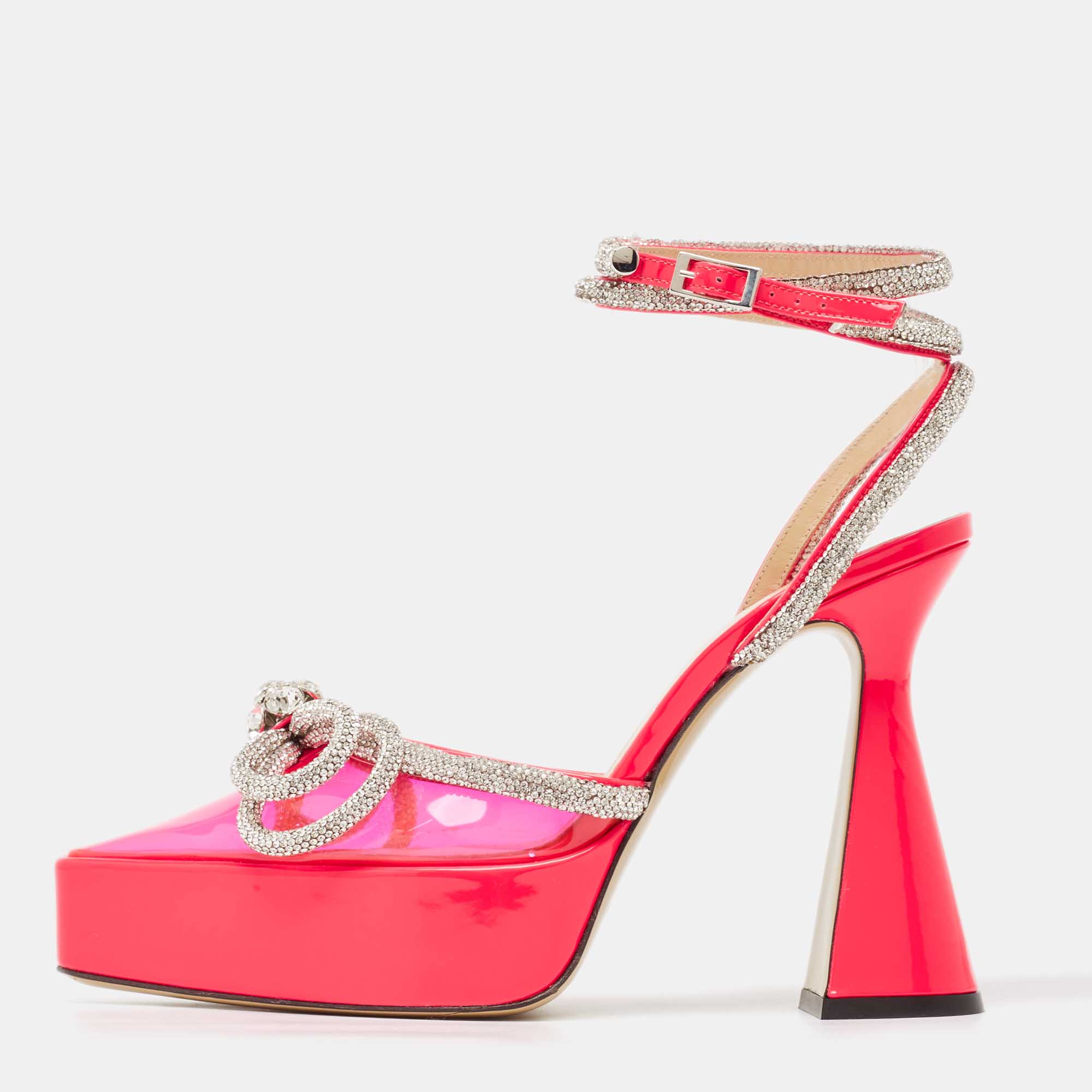 

Mach & Mach Neon Pink PVC And Patent Leather Crystal Embellished Double Bow Platform Ankle Strap Pumps Size