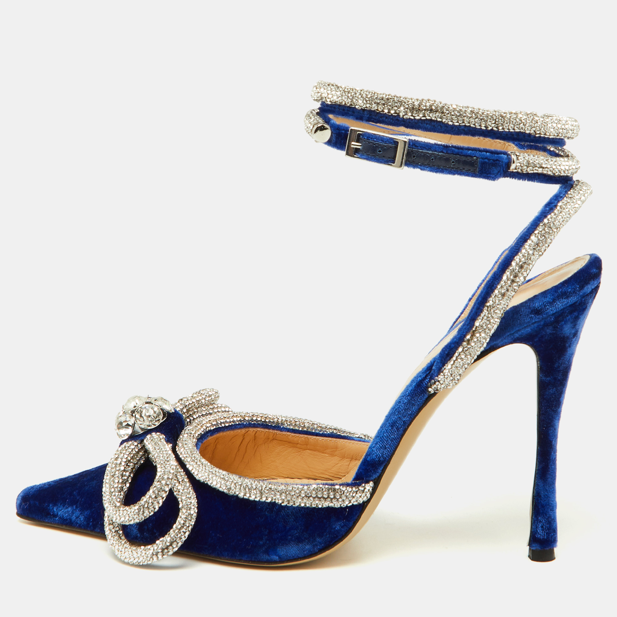 

Mach & Mach Blue Velvet Crystal Embellished Bow Ankle Wrap Pointed Toe Pumps Size