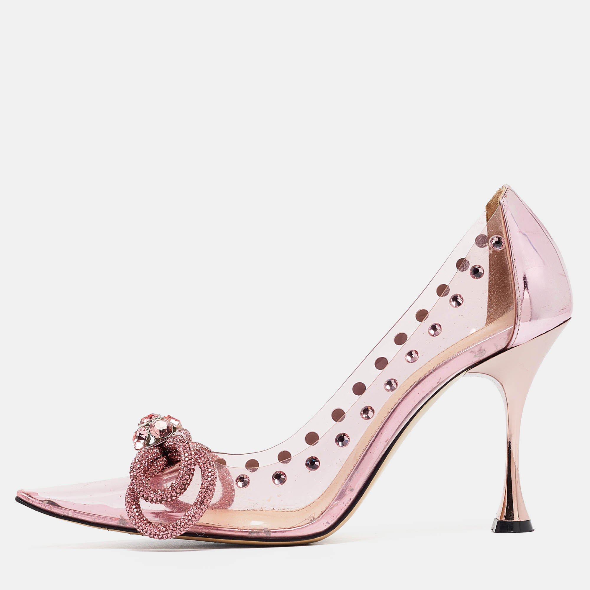 

Mach & Mach Pink Leather and PVC Crystal Embellished Bow Pumps Size