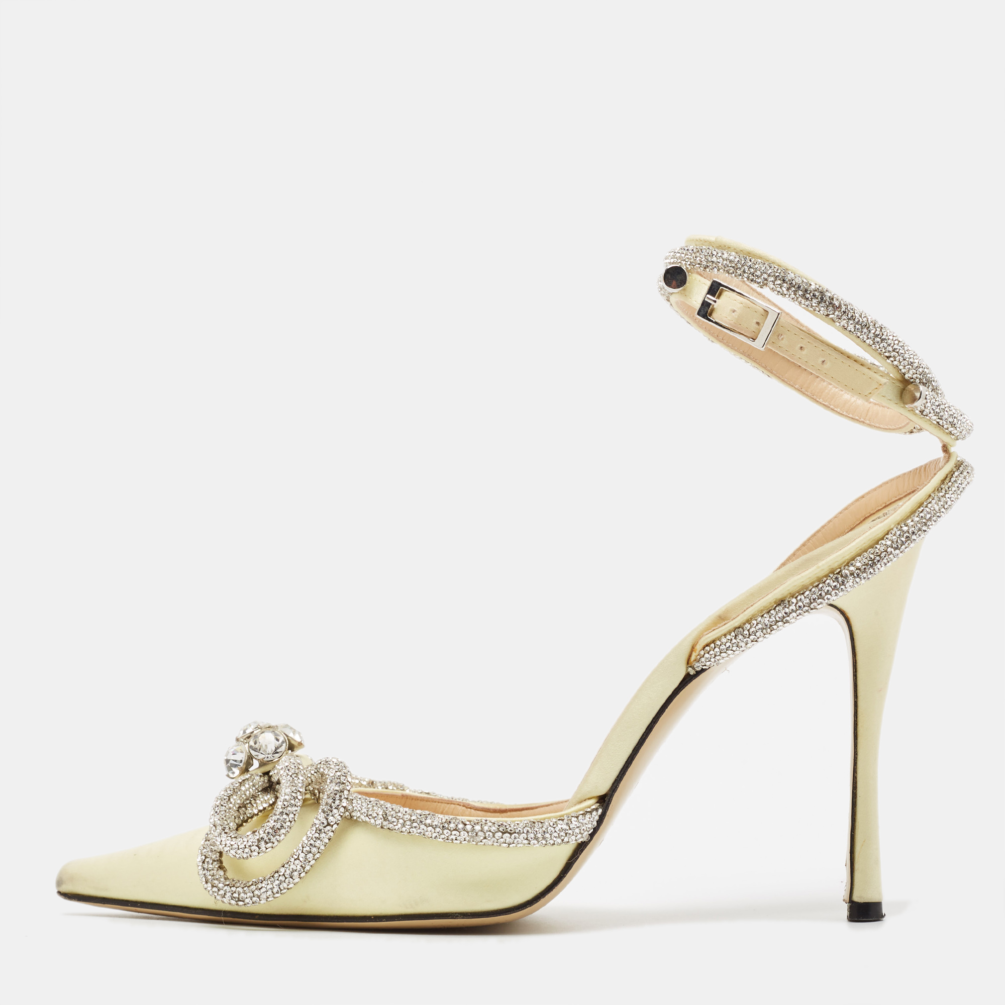 

Mach & Mach Light Yellow Satin Double Bow Crystals Ankle Strap Pumps Size