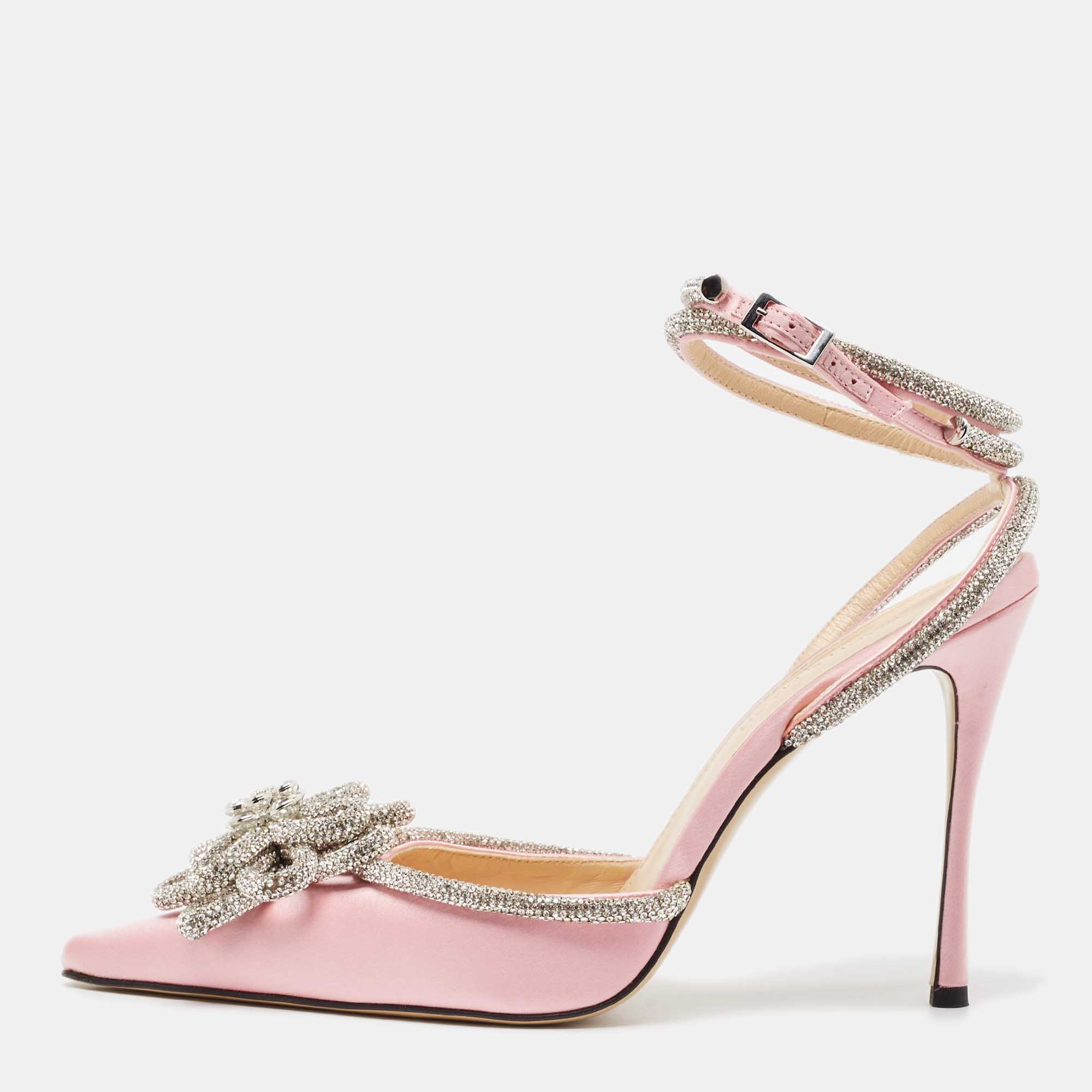 

Mach & Mach Pink Satin Crystal Embellished Double Bow Pumps Size