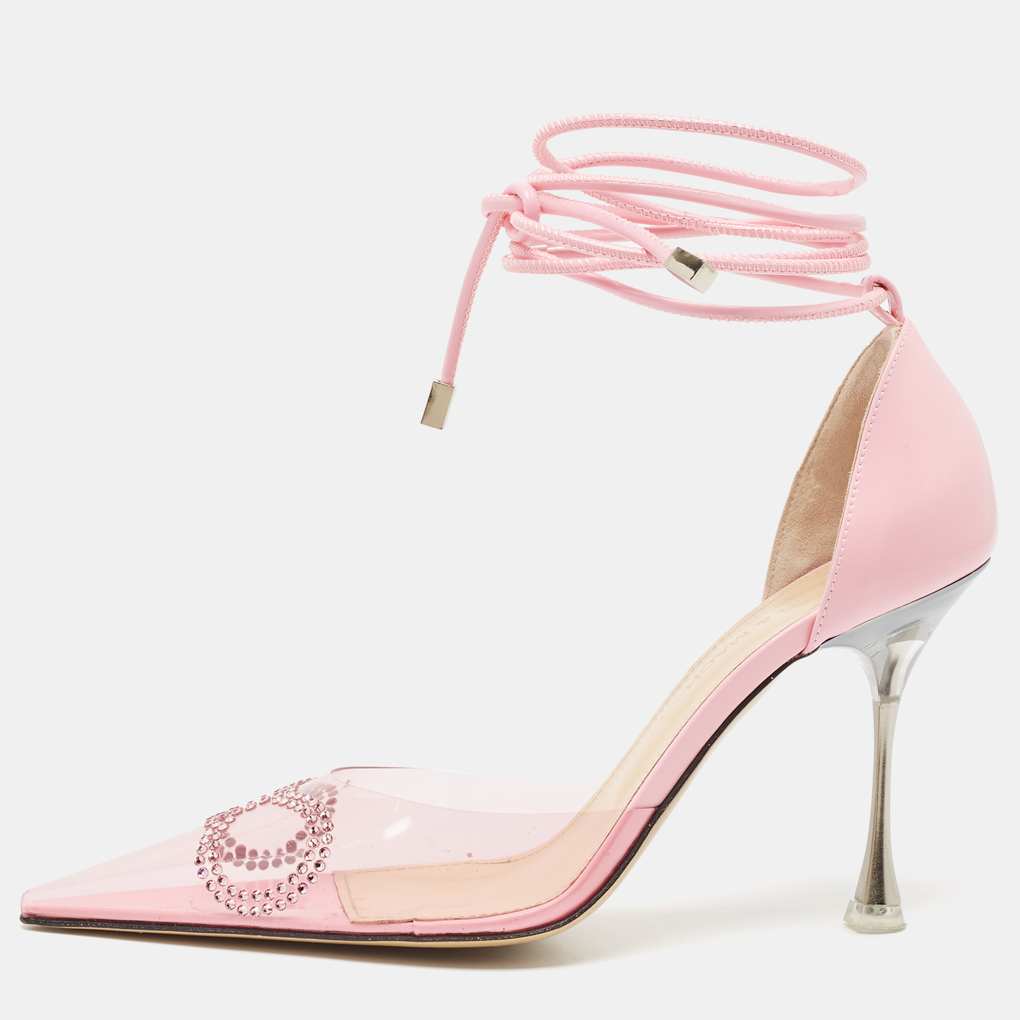 

Mach & Mach Pink Leather and PVC Crystal Embellished Bow Ankle Wrap Sandals Size