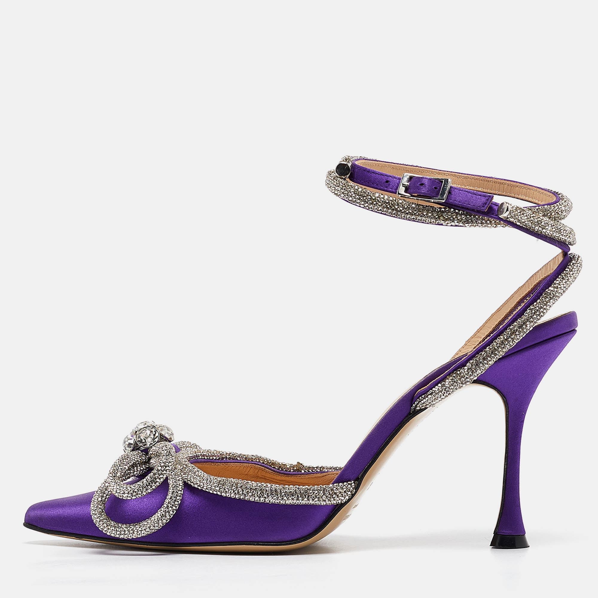 

Mach & Mach Purple Satin Crystal Embellished Double Bow Pumps Size