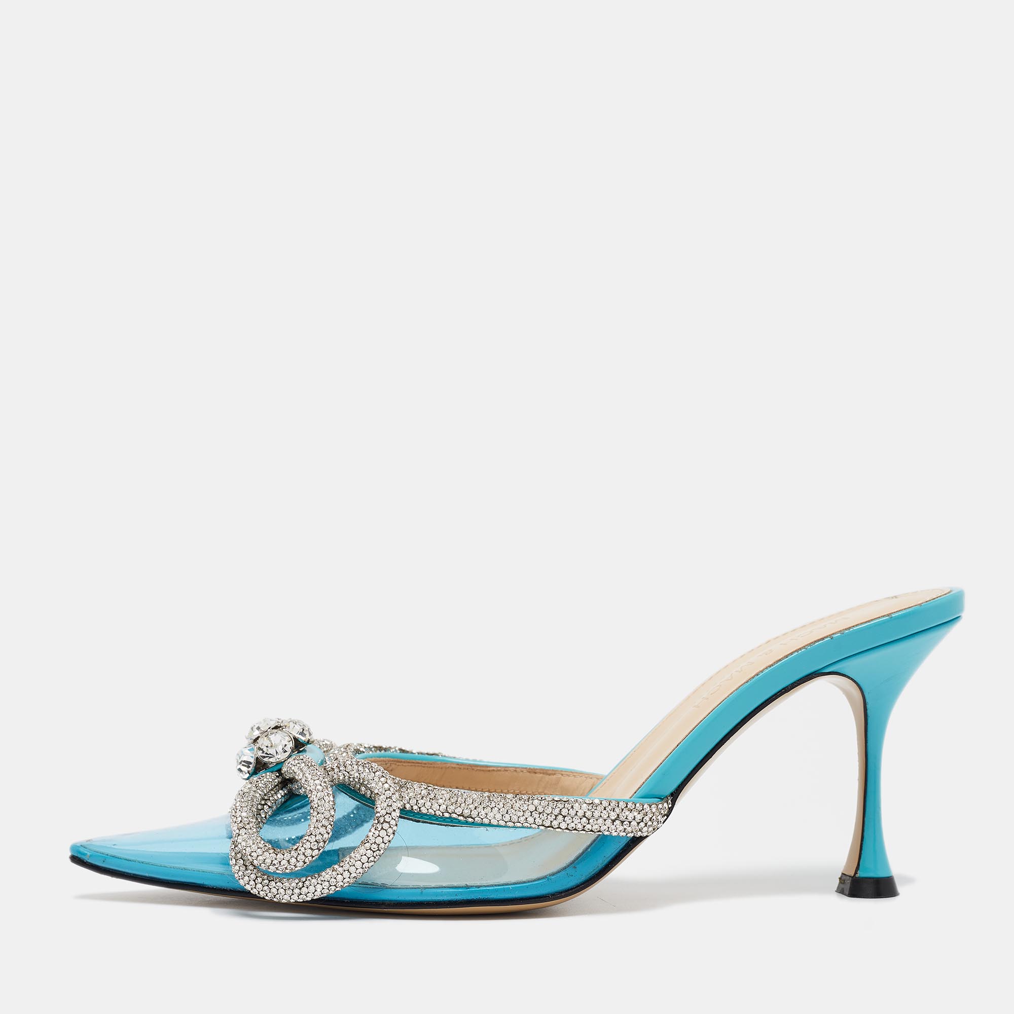 

Mach & Mach Blue PVC Crystal Embellished Double Bow Mules Size