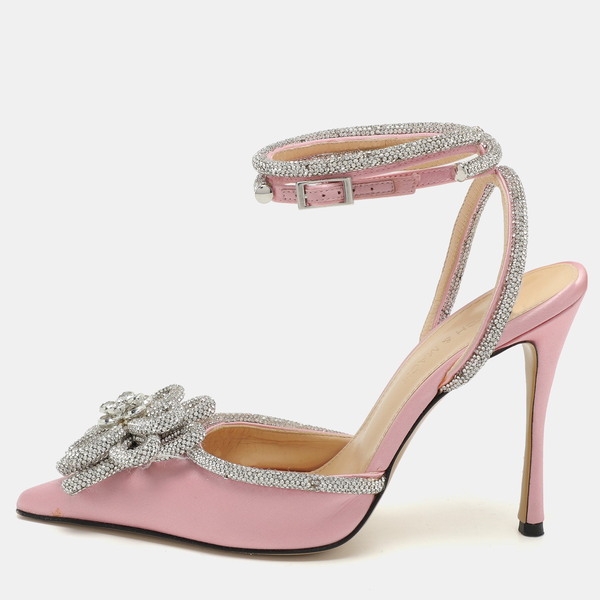 

Mach & Mach Pink Satin Crystal Embellished Double Bow Pumps Size