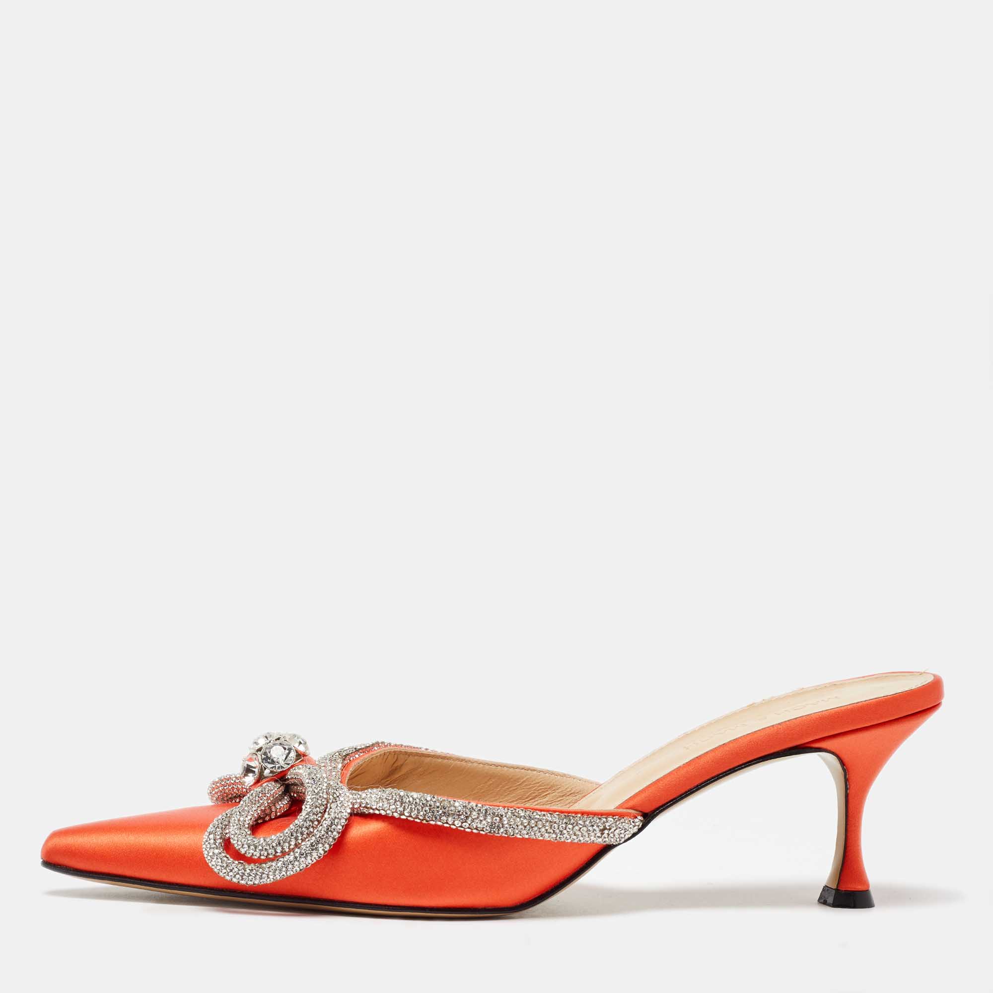 

Mach & Mach Orange Satin Crystal Embellished Double Bow Mules Size