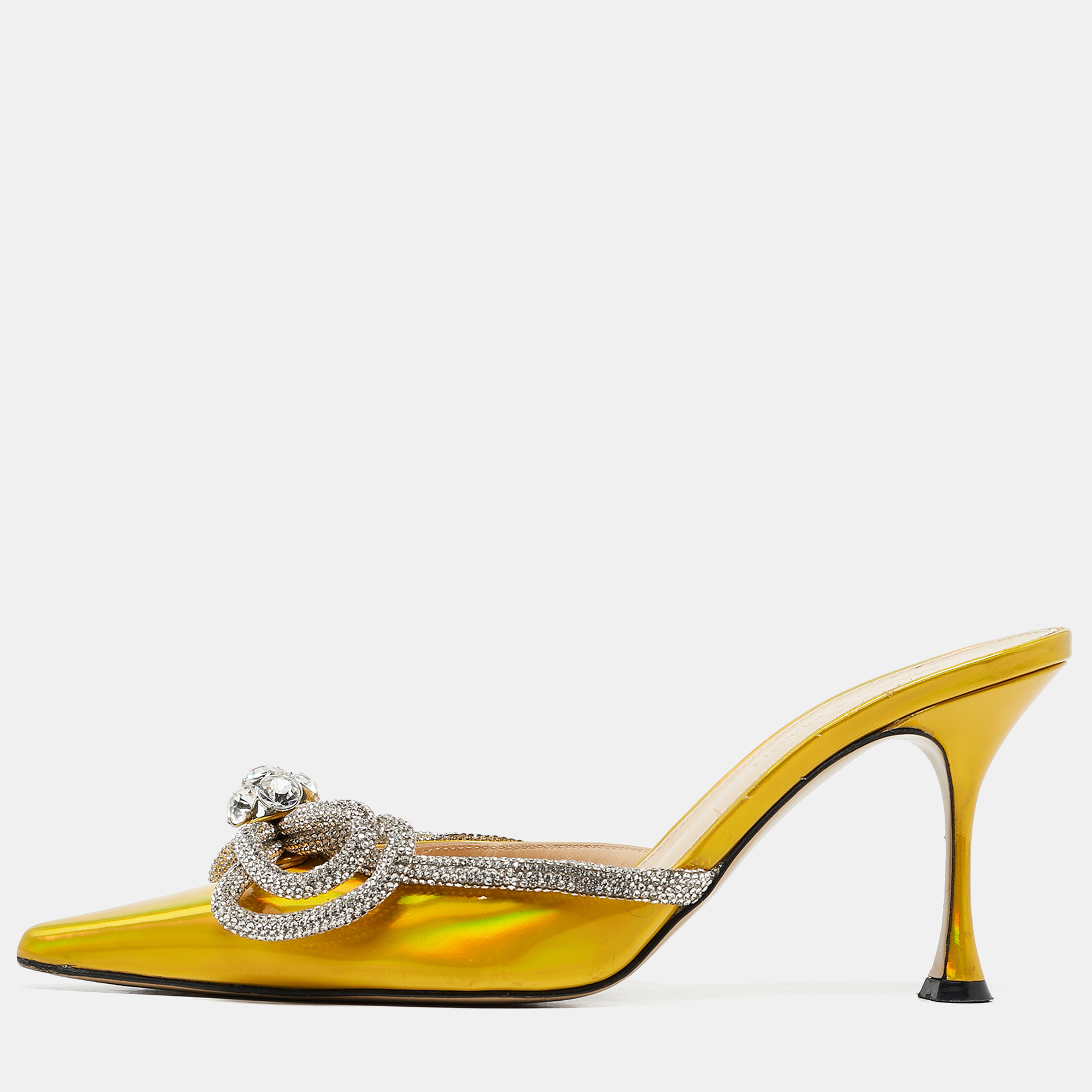 

Mach & Mach Metallic Yellow Patent Leather Crystal Embellished Double Bow Mules Size