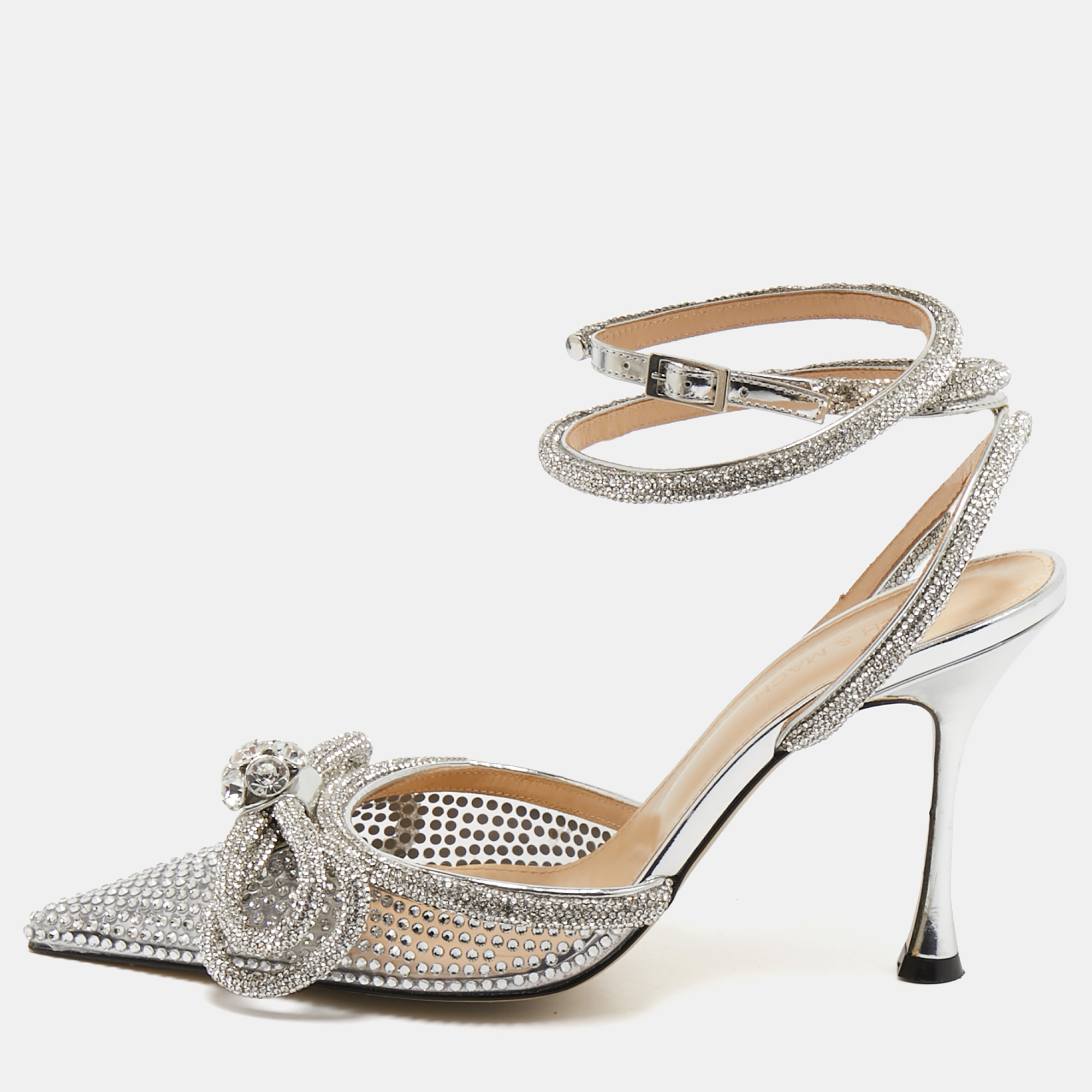 

Mach & Mach Silver PVC Crystal Embellished Double Bow Pumps Size