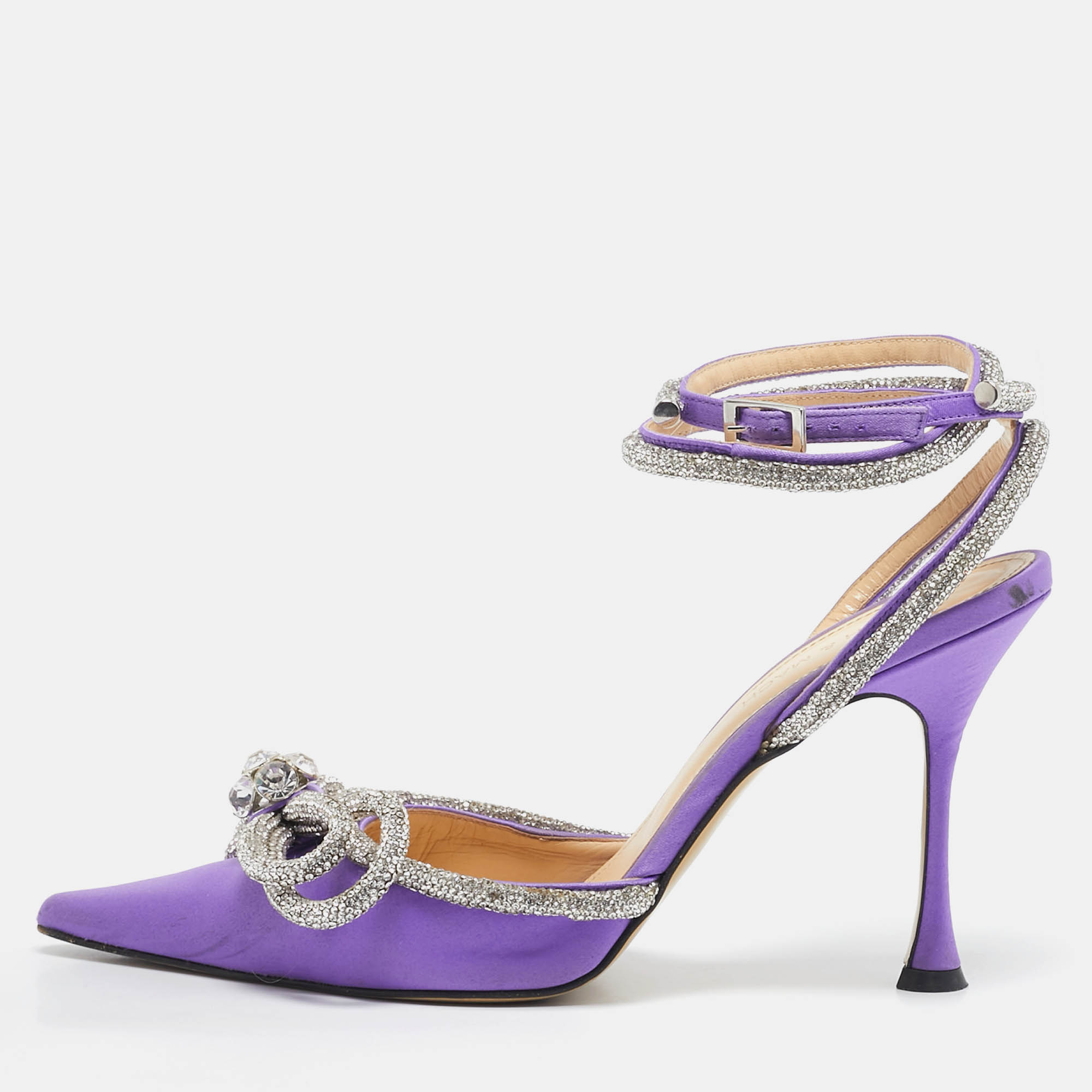 

Mach & Mach Purple Satin Crystal Embellished Double Bow Pumps Size