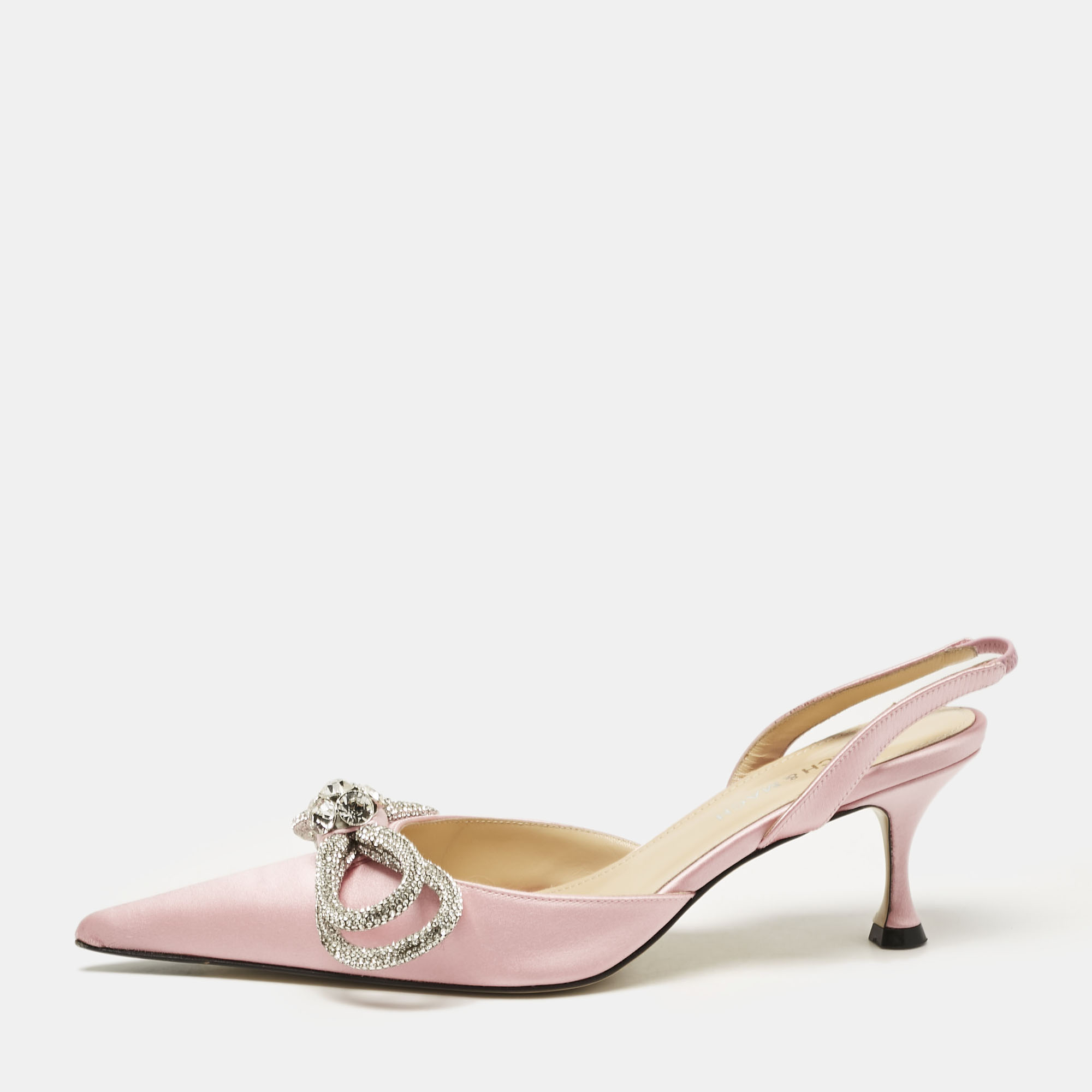 

Mach & Mach Pink Satin Crystal Embellished Double Bow Ankle Wrap Pumps Size