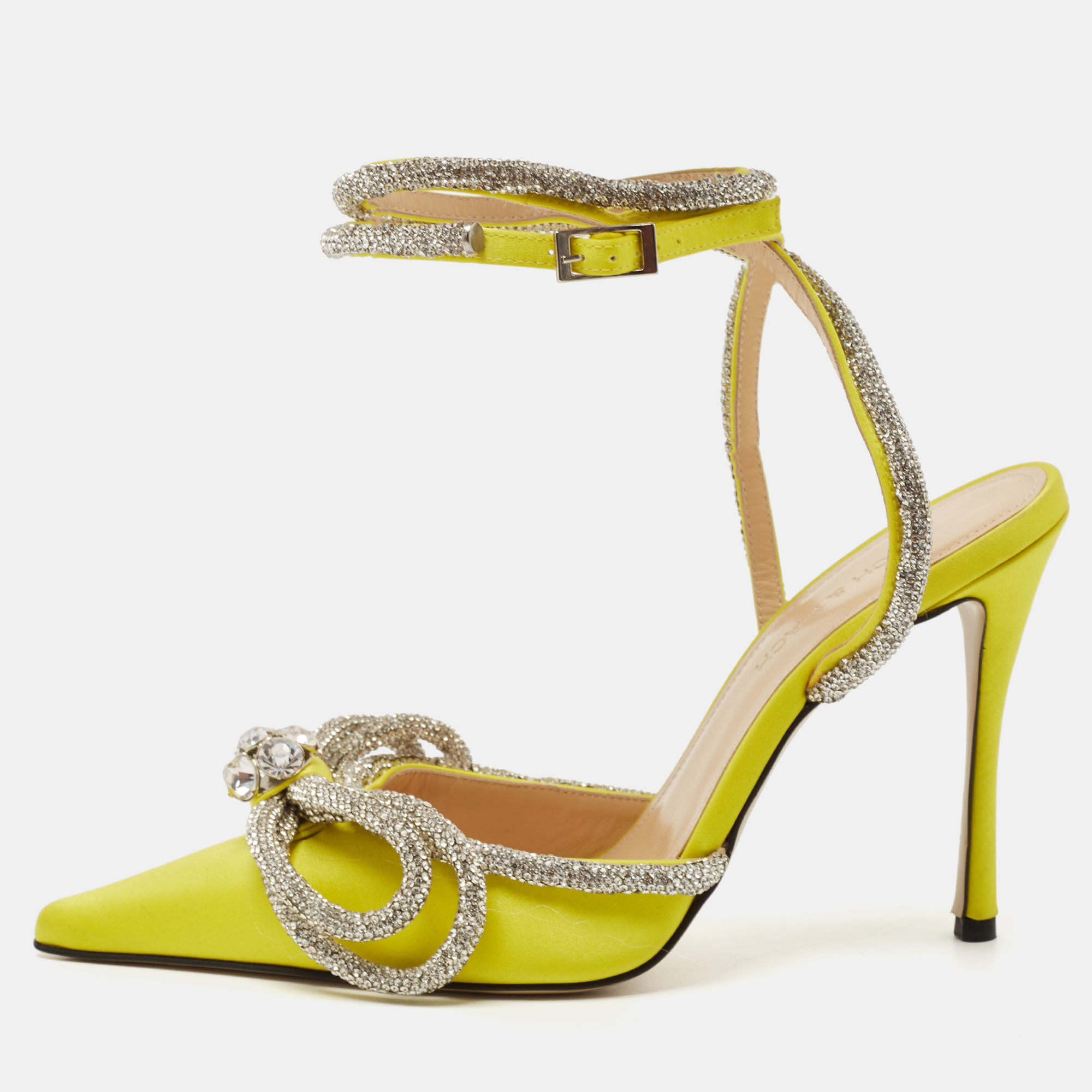 

Mach & Mach Yellow Satin Double Bow Crystals Ankle Strap Pumps Size