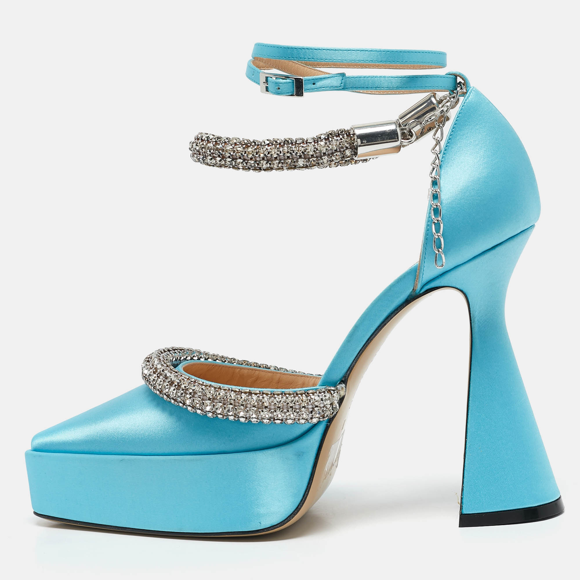 

Mach & Mach Blue Satin Double Bow Crystal Embellished Platform Pumps Size