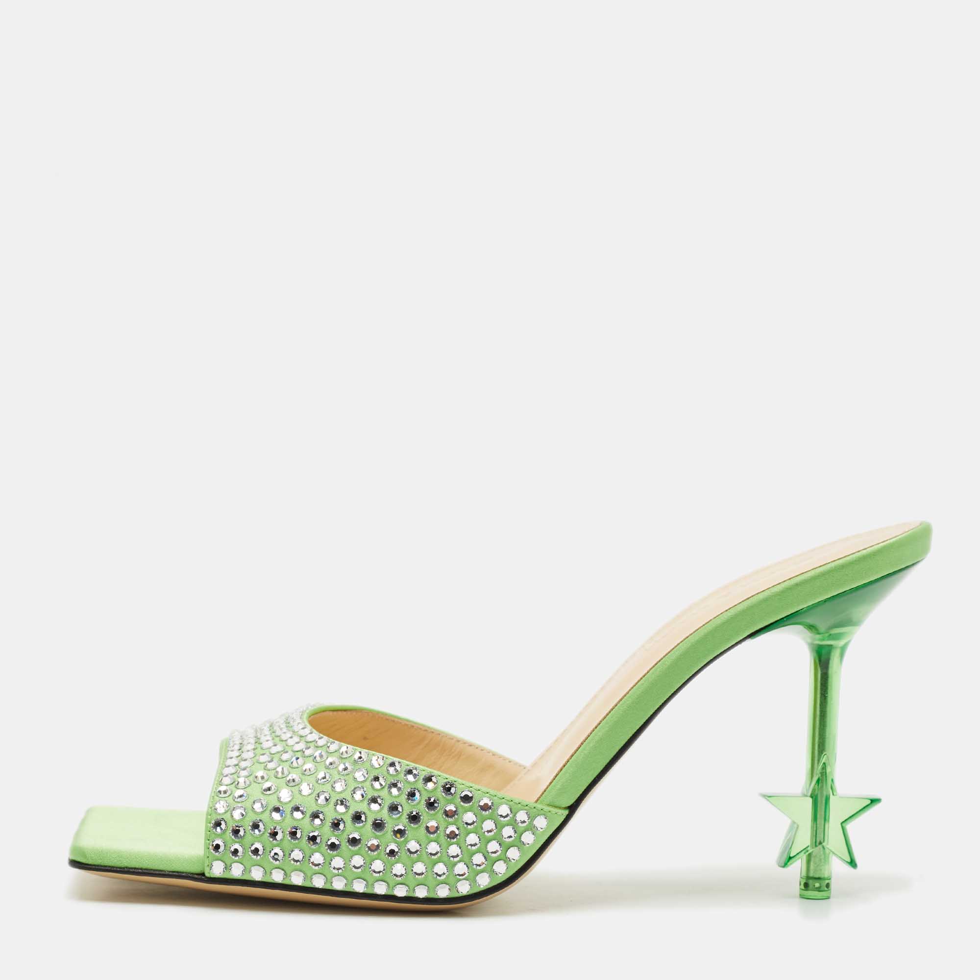 

Mach & Mach Green Satin Crystal Embellished Star Slide Sandals Size