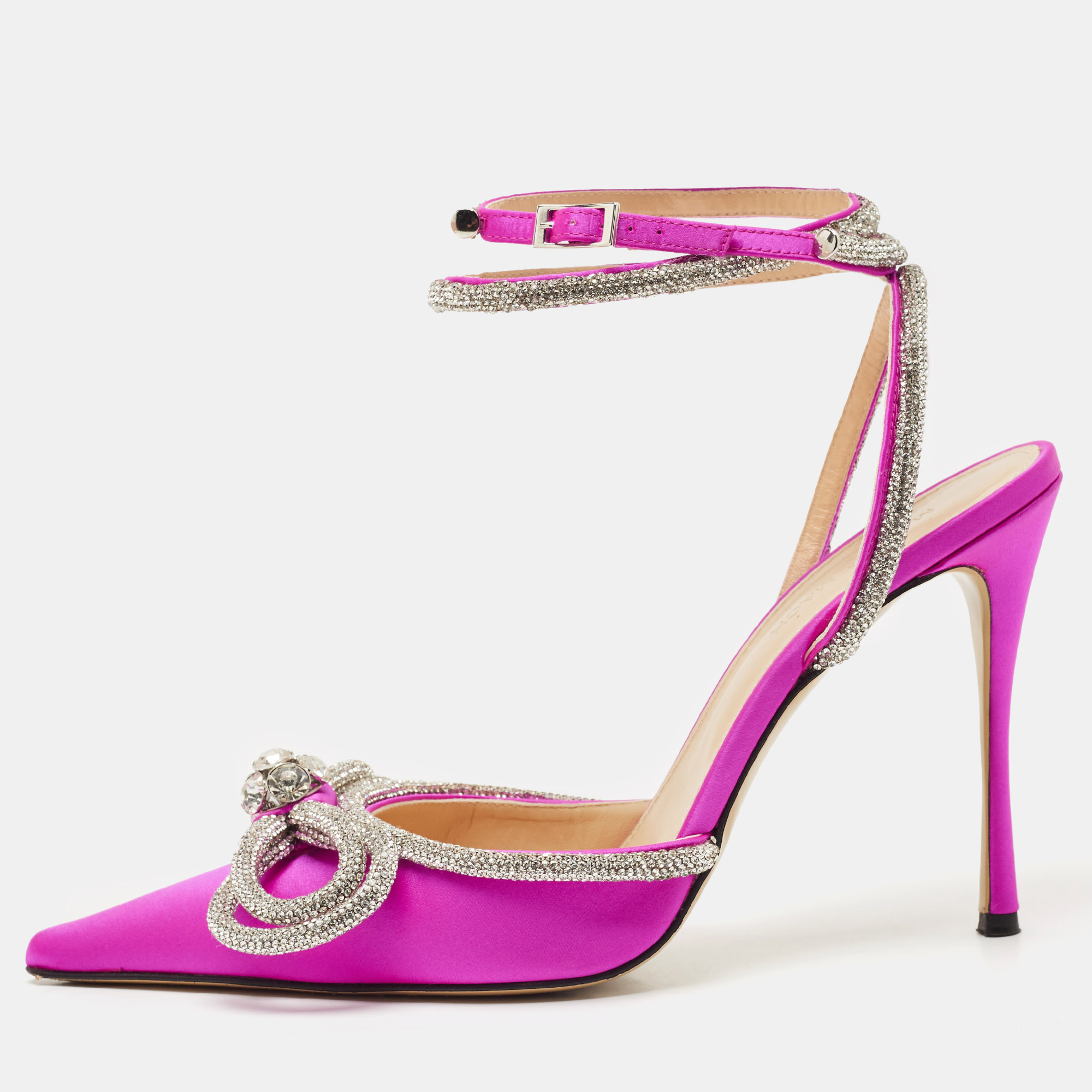 Pre-owned Mach&mach Fuchsia Satin Double Bow Crystal Embellished Pumps Size 41