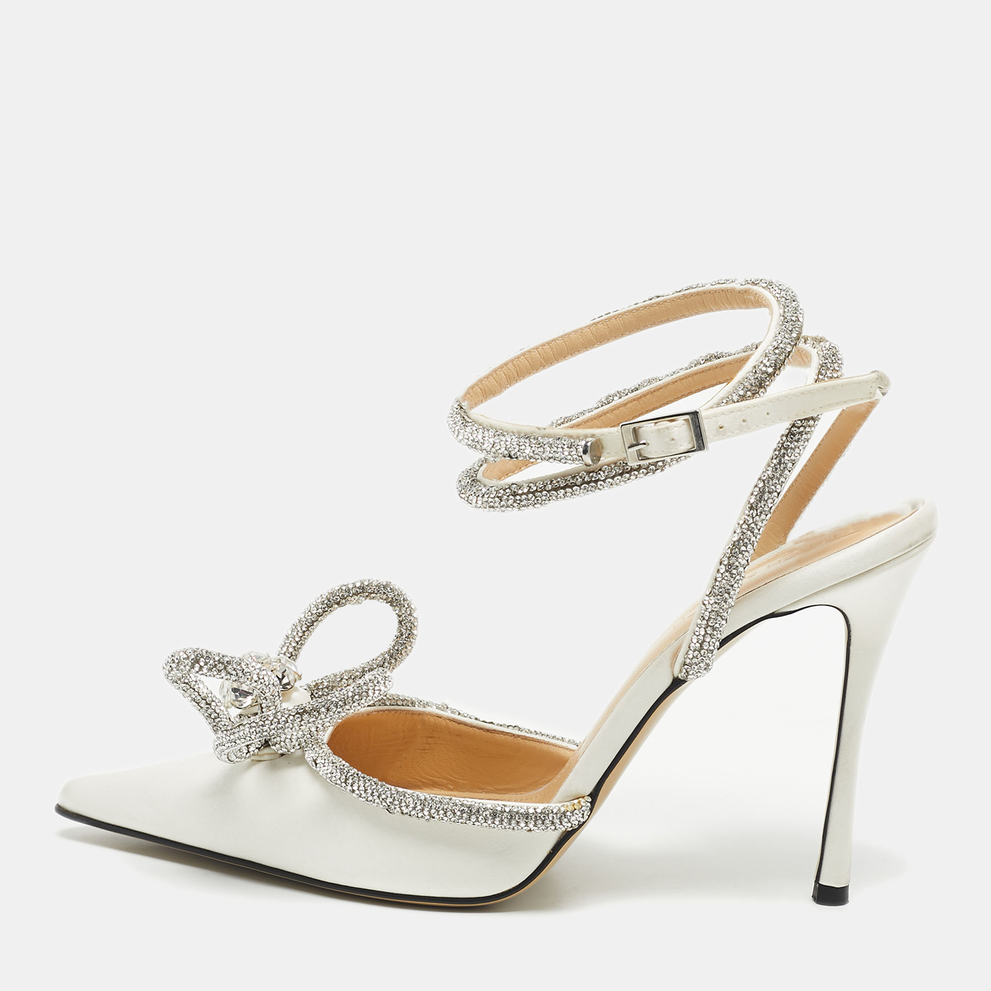 Pre-owned Mach&mach White Satin Double Bow Crystal Embellished Pumps Size 38