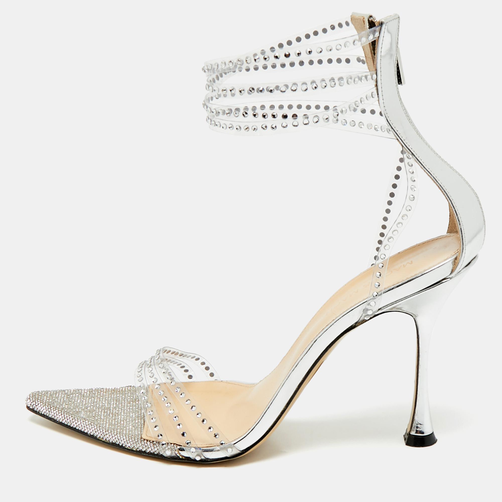 Pre-owned Mach&mach Silver Leather And Pvc Crystal Embellished Ankle Strap Sandals Size 39.5