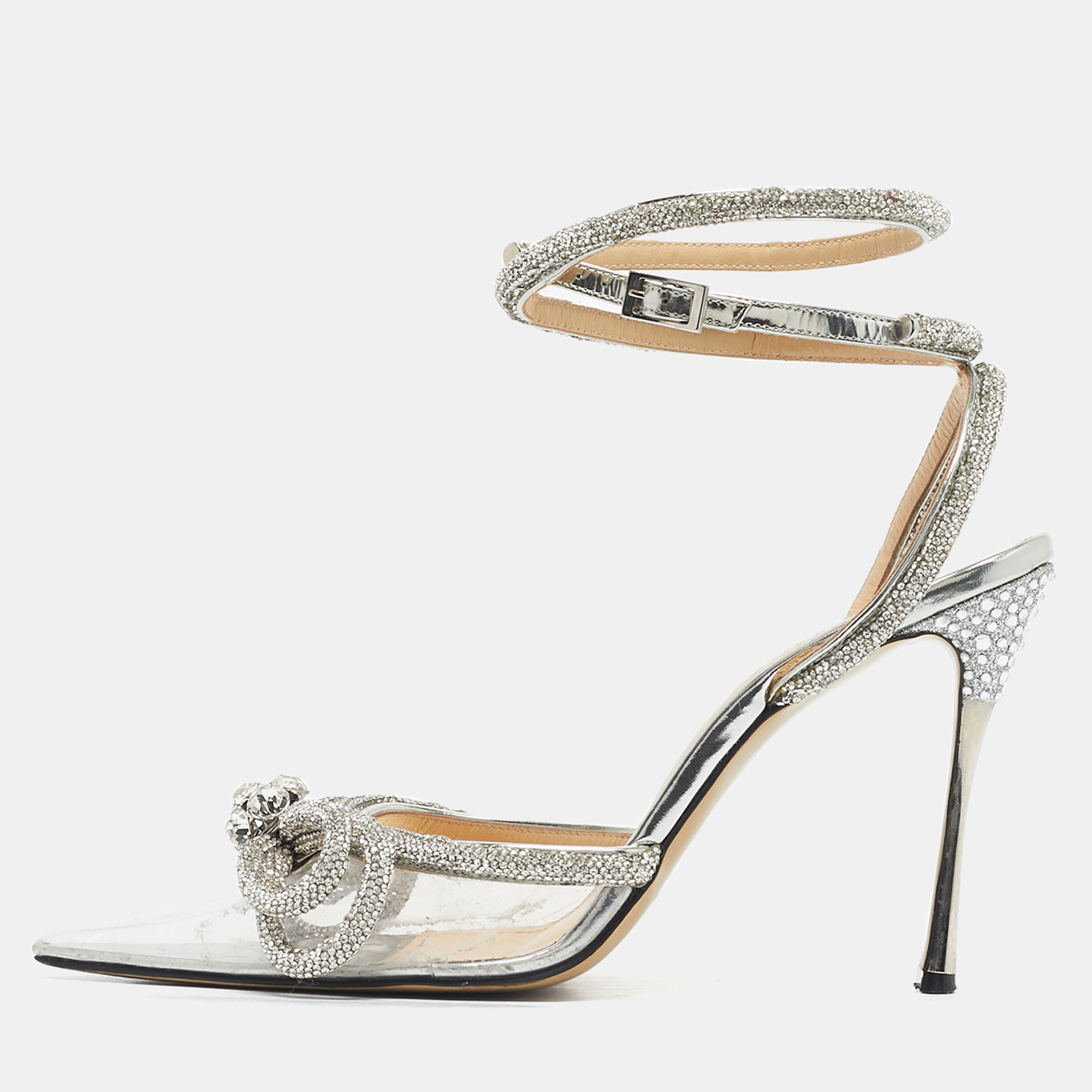Pre-owned Mach&mach Silver Leather And Pvc Crystal Embellished Ankle Strap Sandals Size 38.5