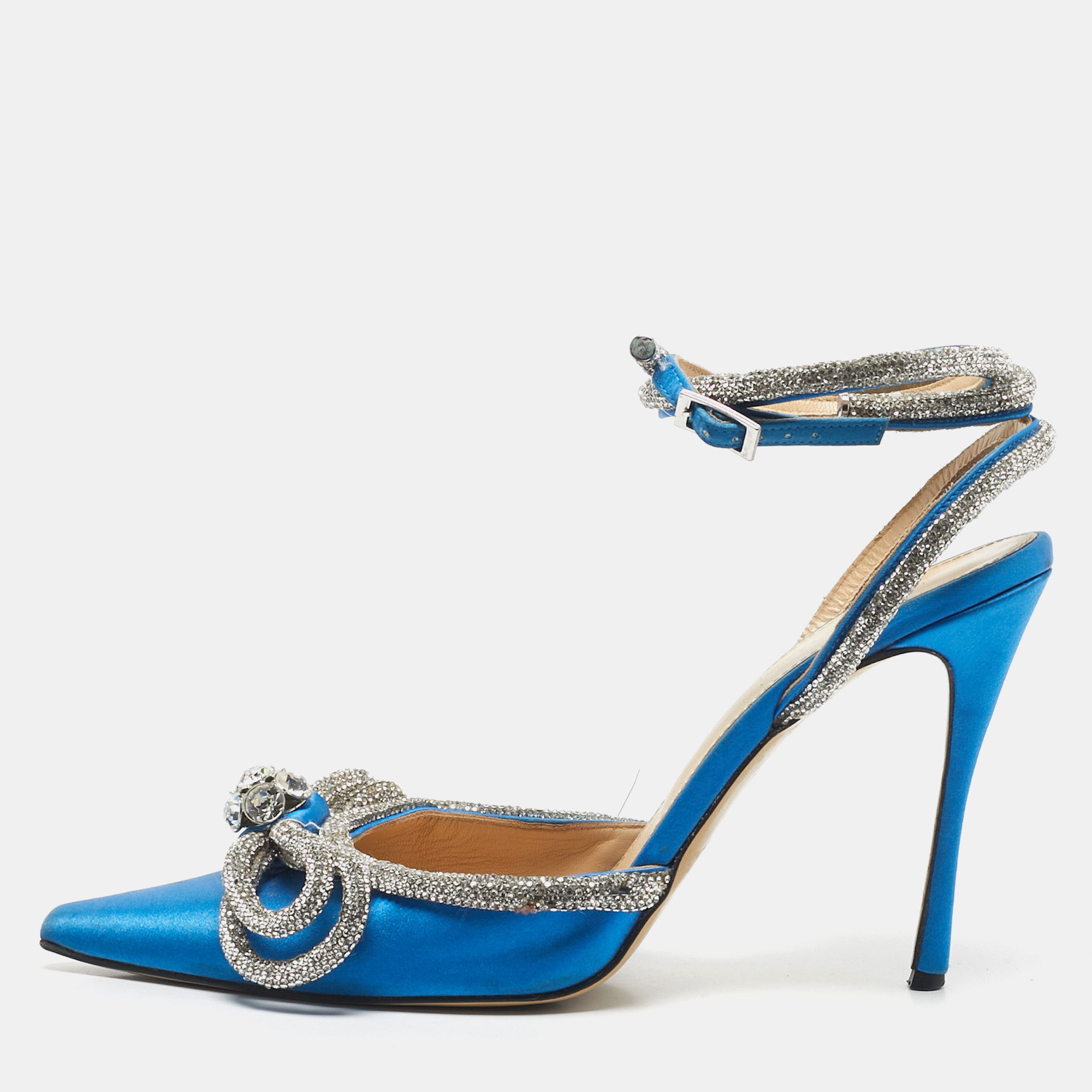 Pre-owned Mach&mach Blue Satin Crystal Embellished Double Bow Ankle Wrap Pumps Size 40.5