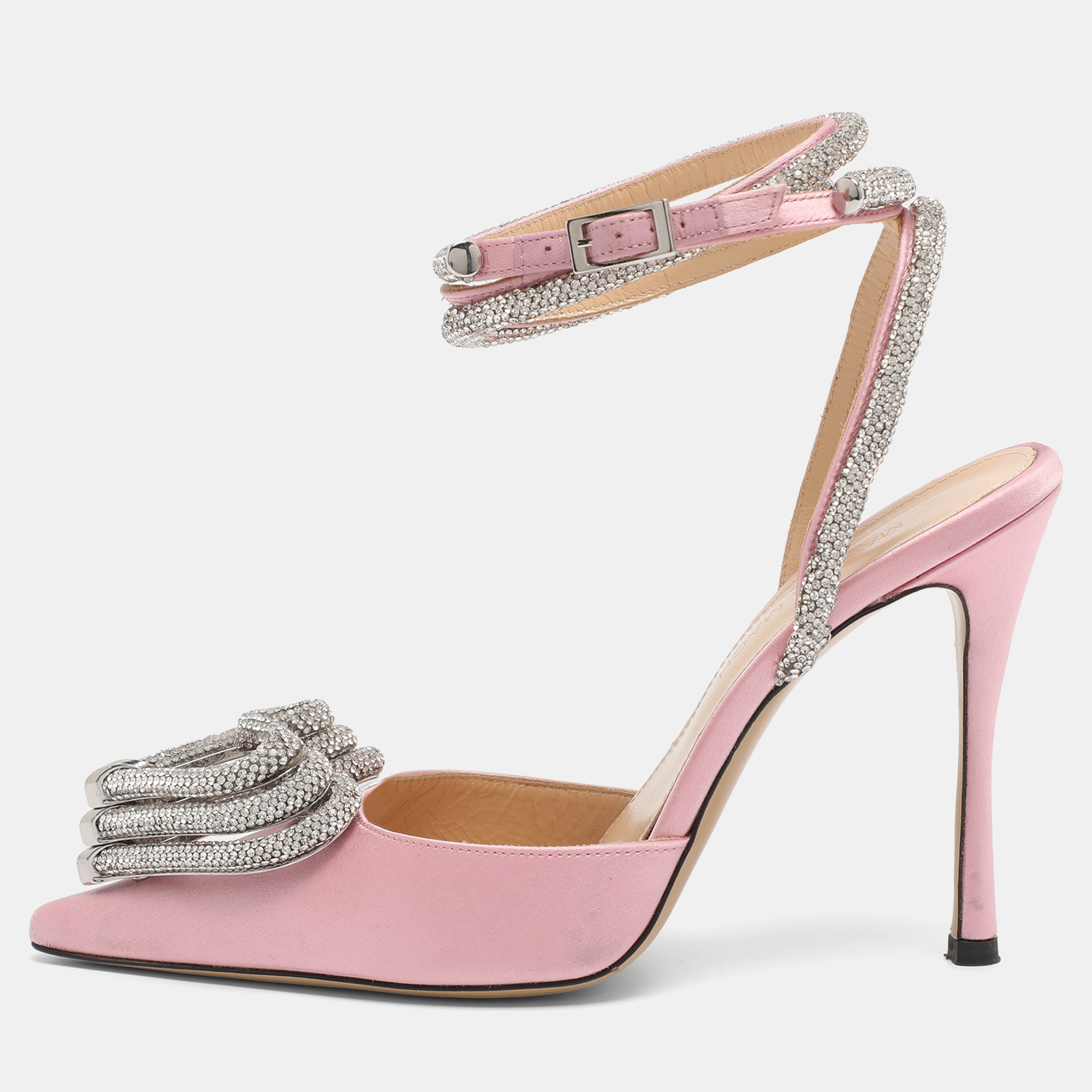 Pre-owned Mach&mach White Satin Crystal Embellished Triple Heart Ankle Wrap Pumps Size 36 In Pink