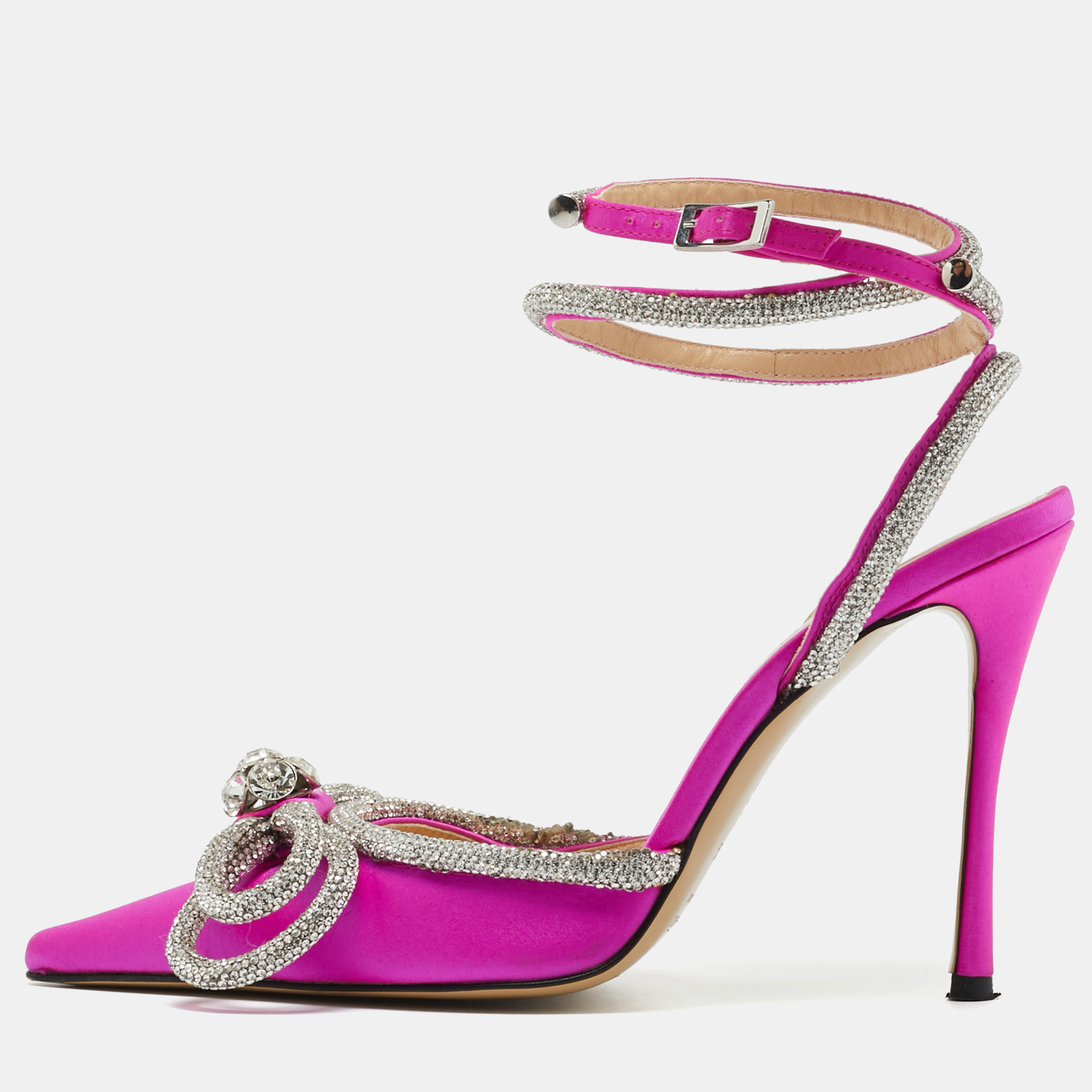Pre-owned Mach&mach Purple Satin Crystal Embellished Double Bow Pumps Size 36.5