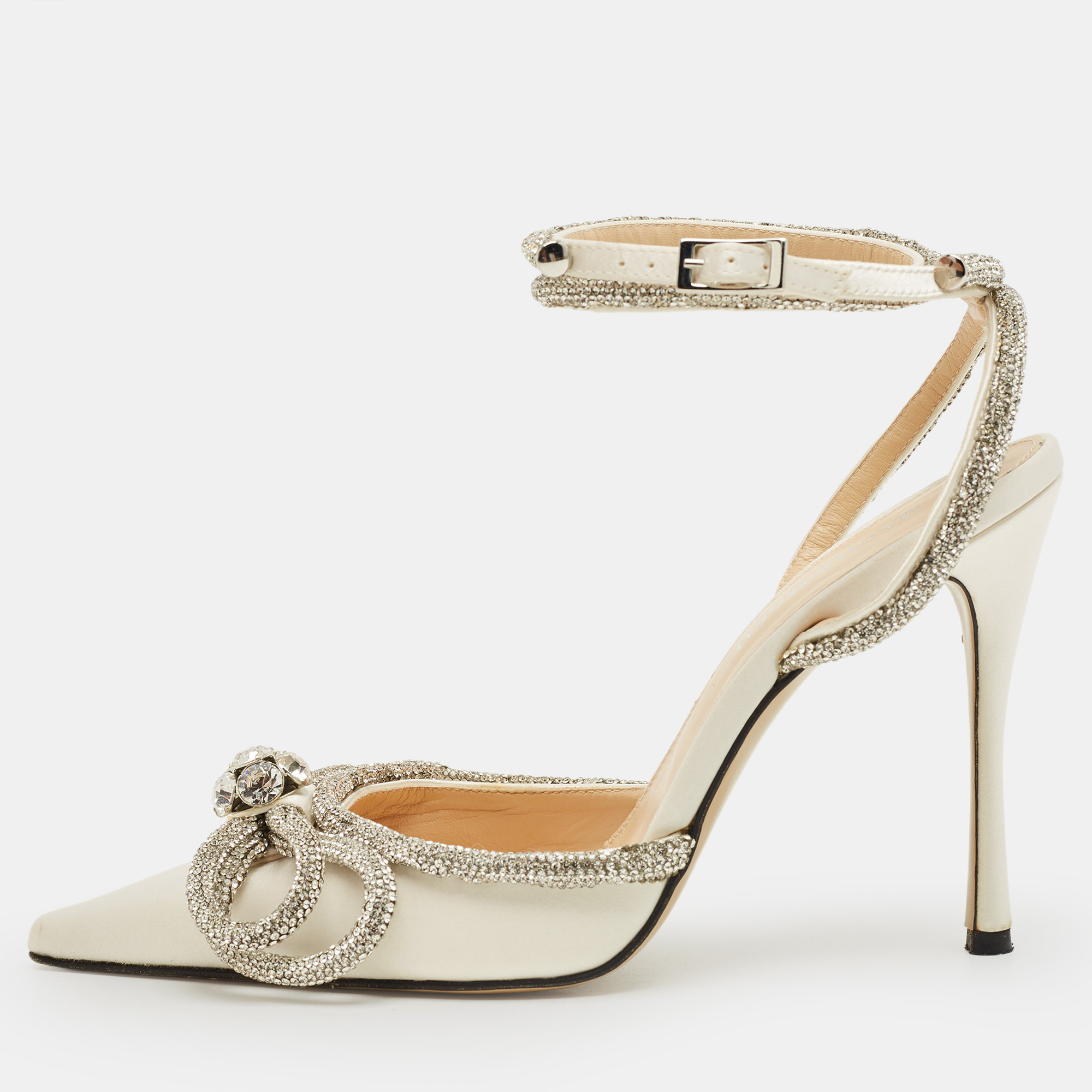 

Mach & Mach White Satin Double Bow Crystal Embellished Pumps Size