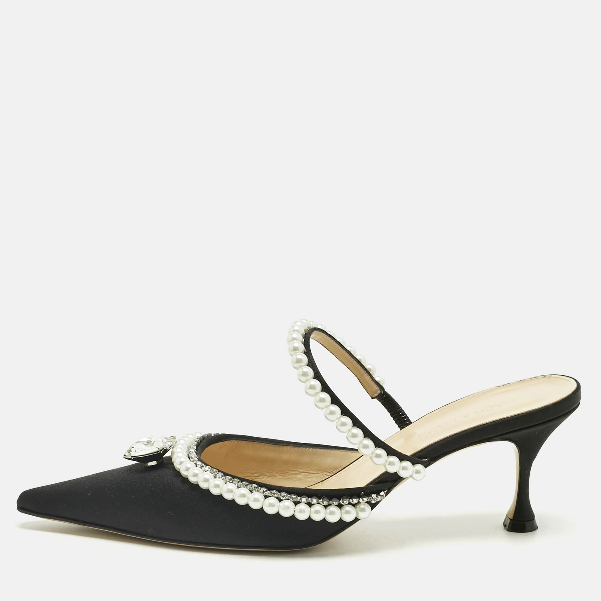 MACH&MACH Pre-owned Black Satin Bow Crystal Embellished Slide Sandals Size 40