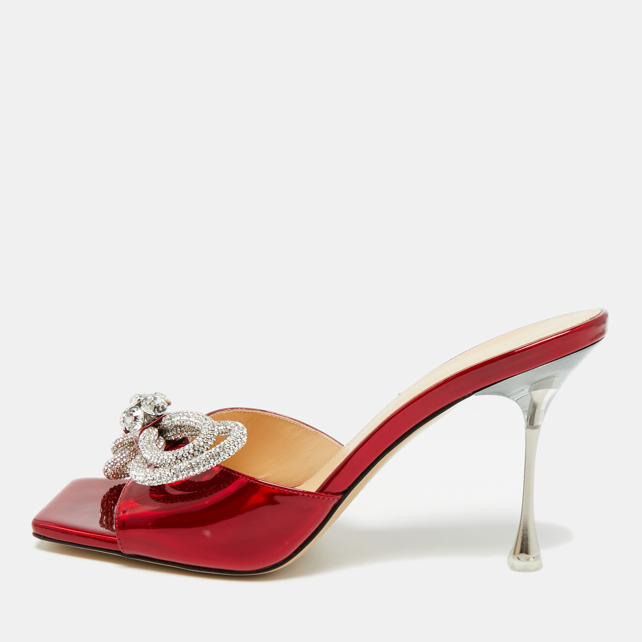 Pre-owned Mach&mach Double Bow Crystal Red Patent Leather Slide Sandals Size 40.5