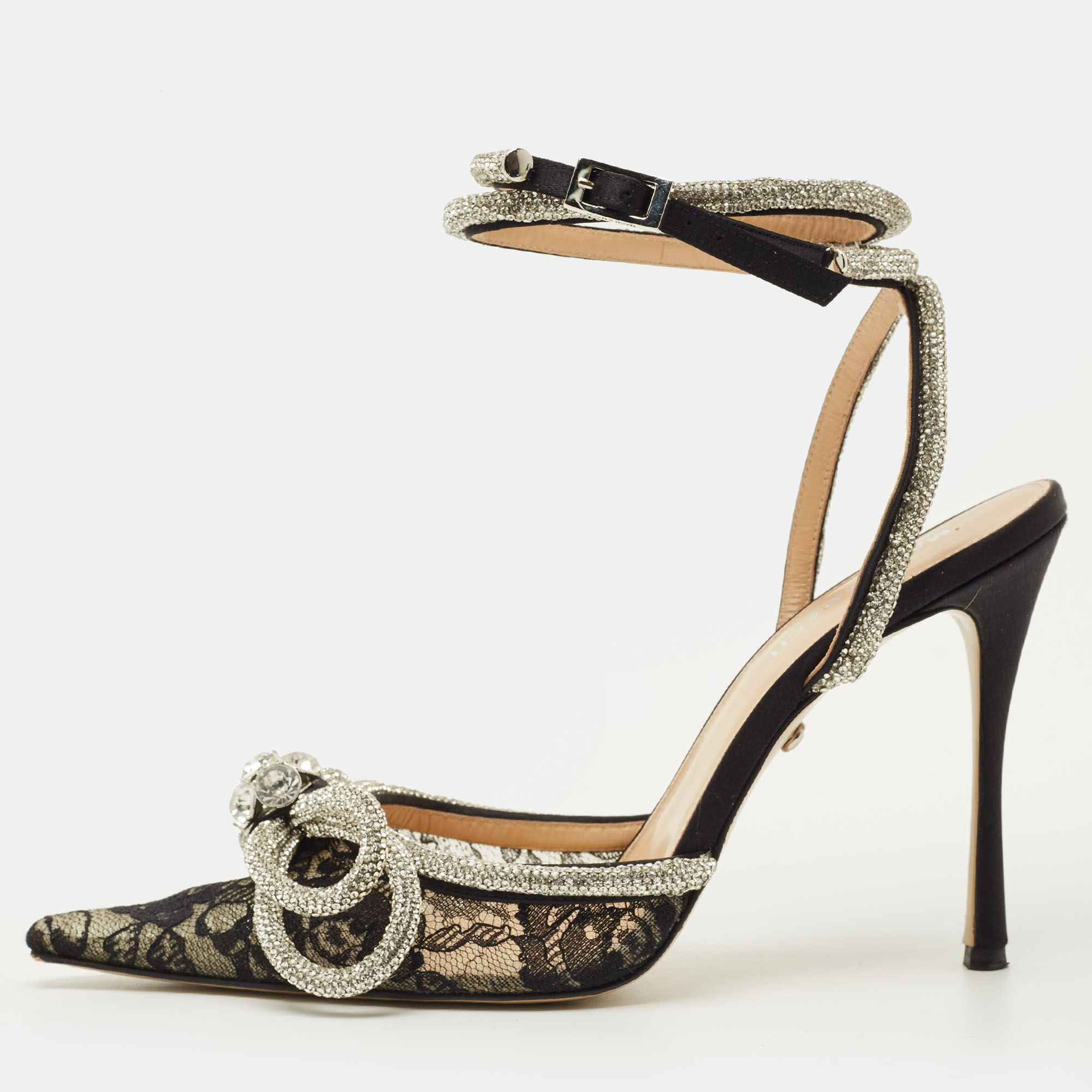 Pre-owned Mach&mach Double Bow Size 38 Black Lace Crystal Embellished Ankle Wrap Pumps