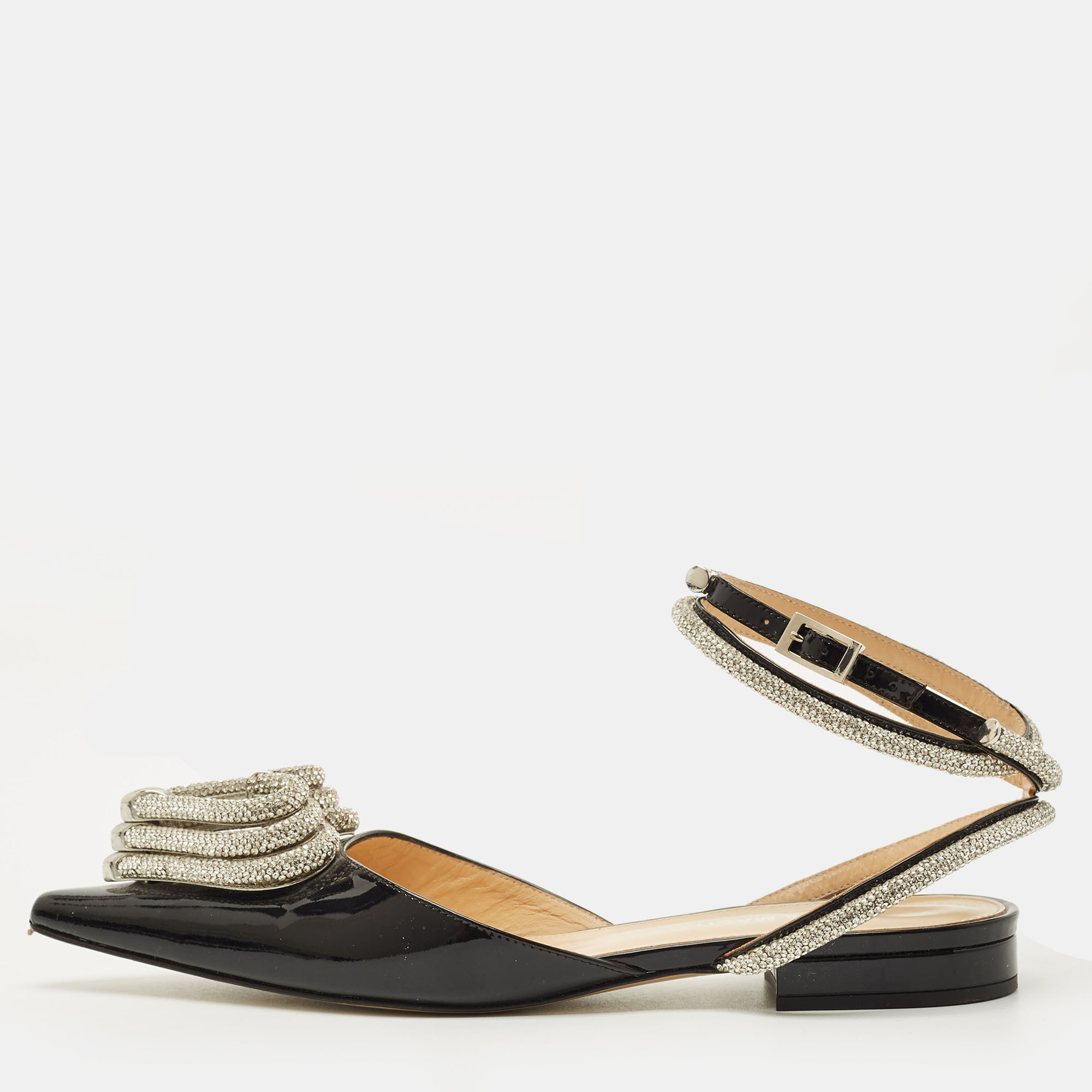 Pre-owned Mach&mach Triple Heart Size 37 Black Patent Leather Crystal Embellished Ankle Wrap Flats
