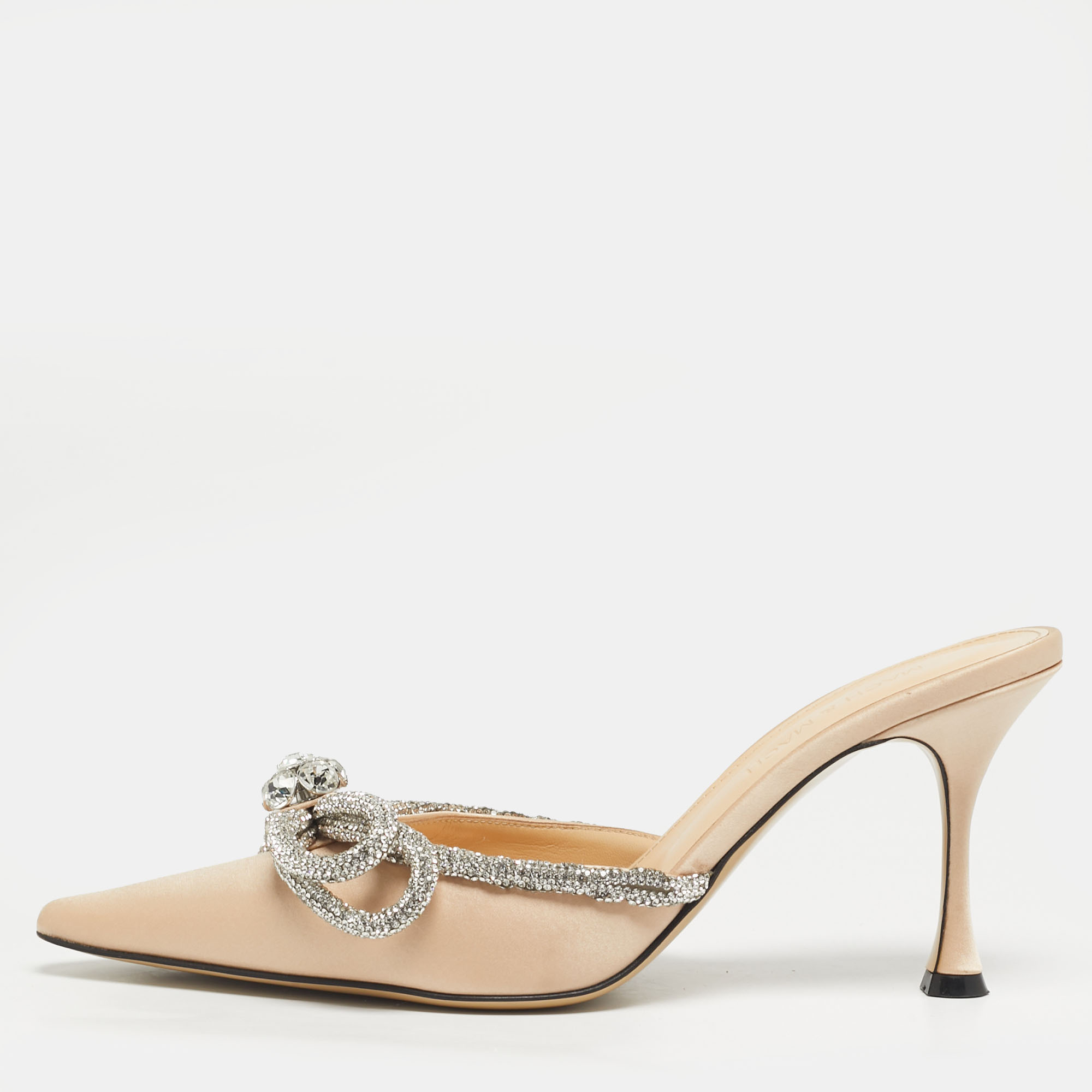 Pre-owned Mach&mach Double Bow Size 39 Beige Satin Crystal Embellished Mules In Sand