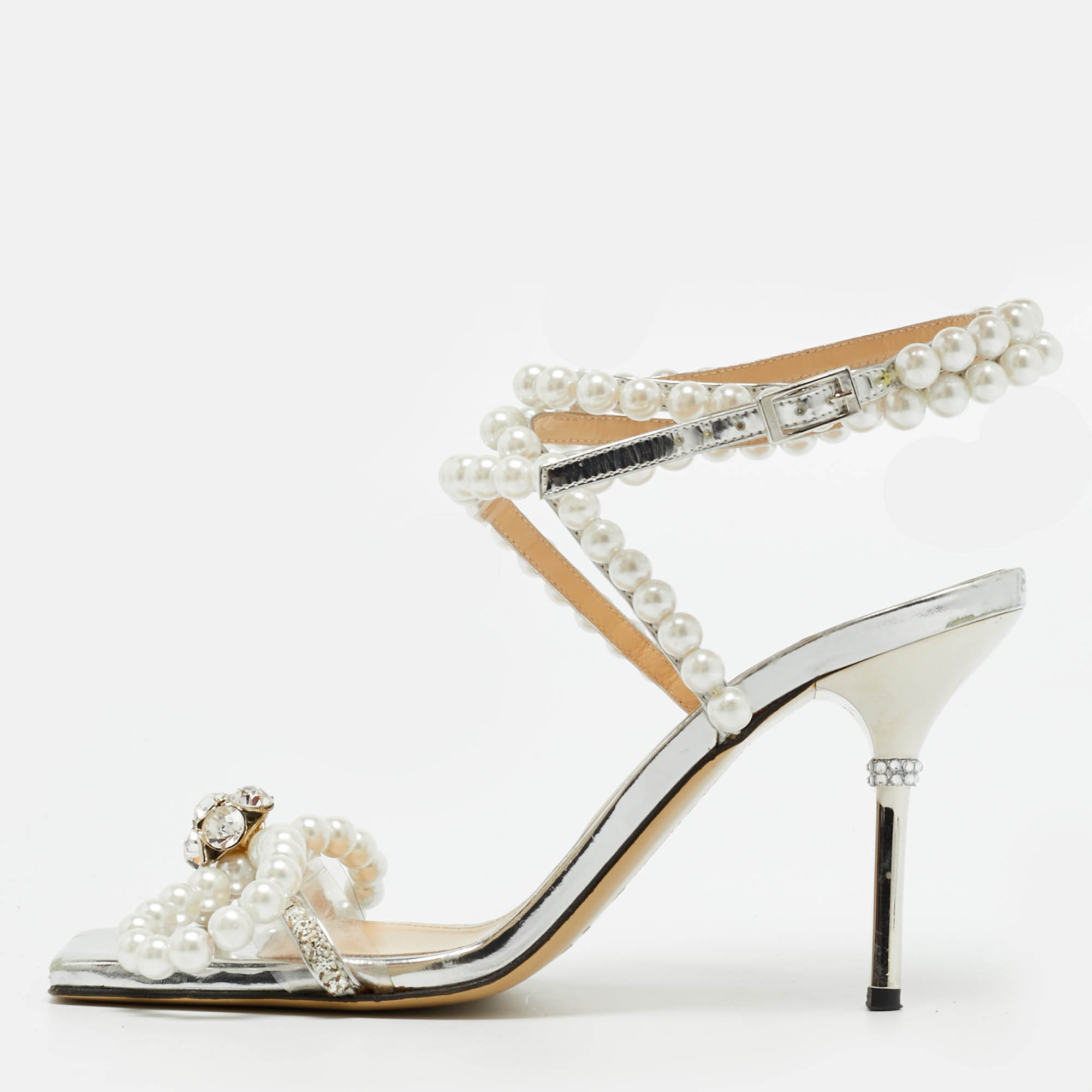 

Mach & Mach Size  Silver Leather Crystals Faux Pearls Embellished Ankle Wrap Sandals