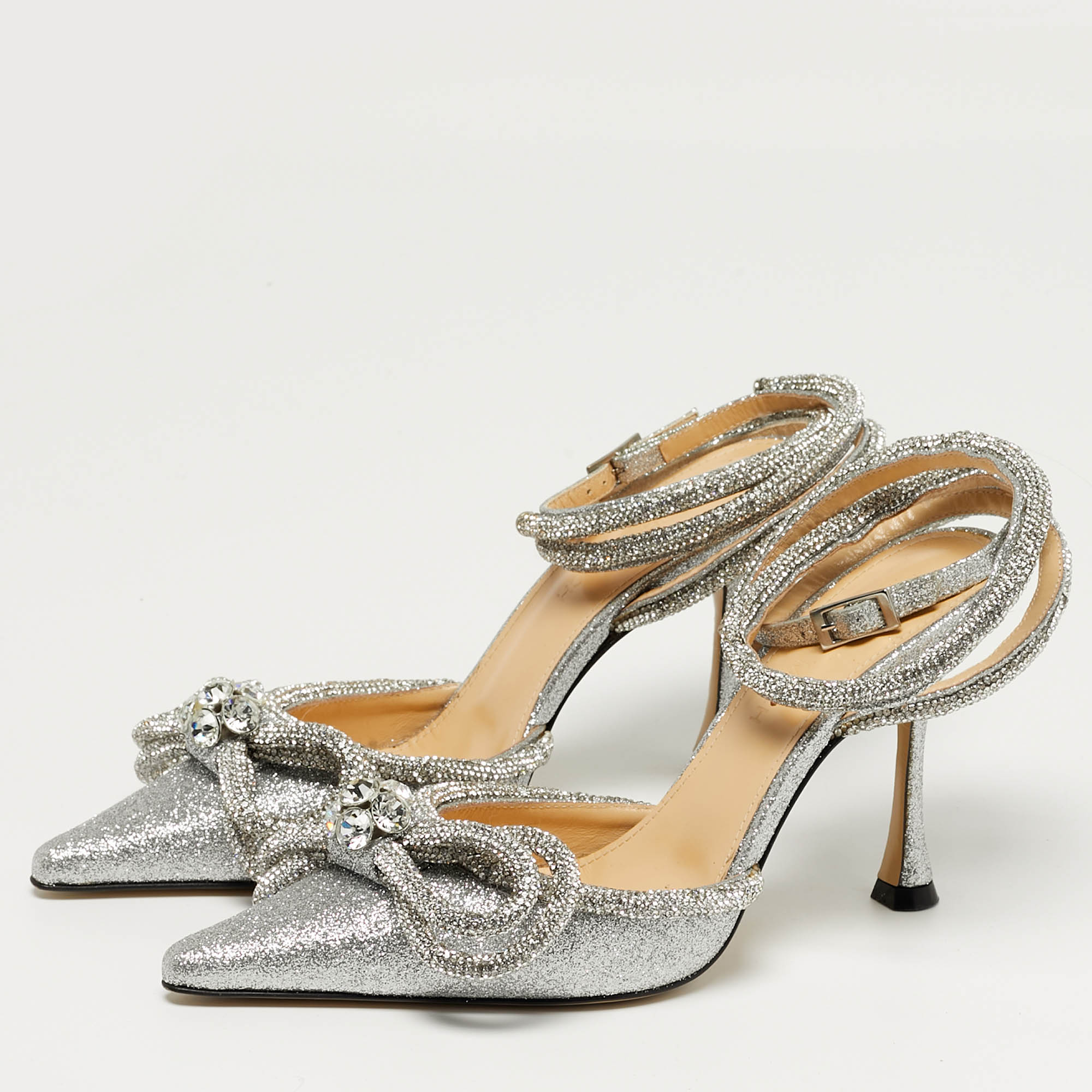 Pre-owned Mach&mach Double Bow Size 35.5 Silver Glitter Ankle Strap Pumps