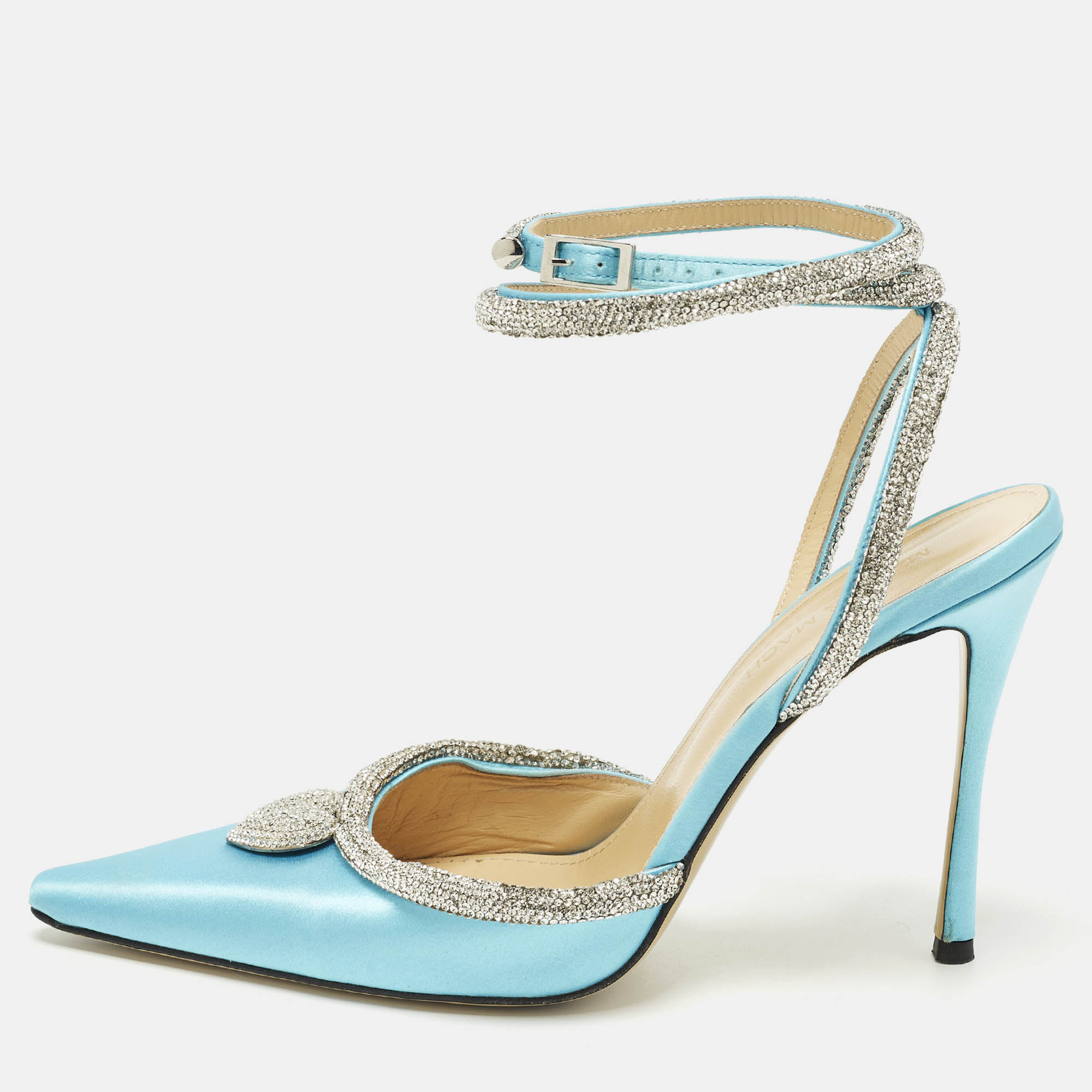 

Mach & Mach Size  Blue Satin Crystal Heart Pumps