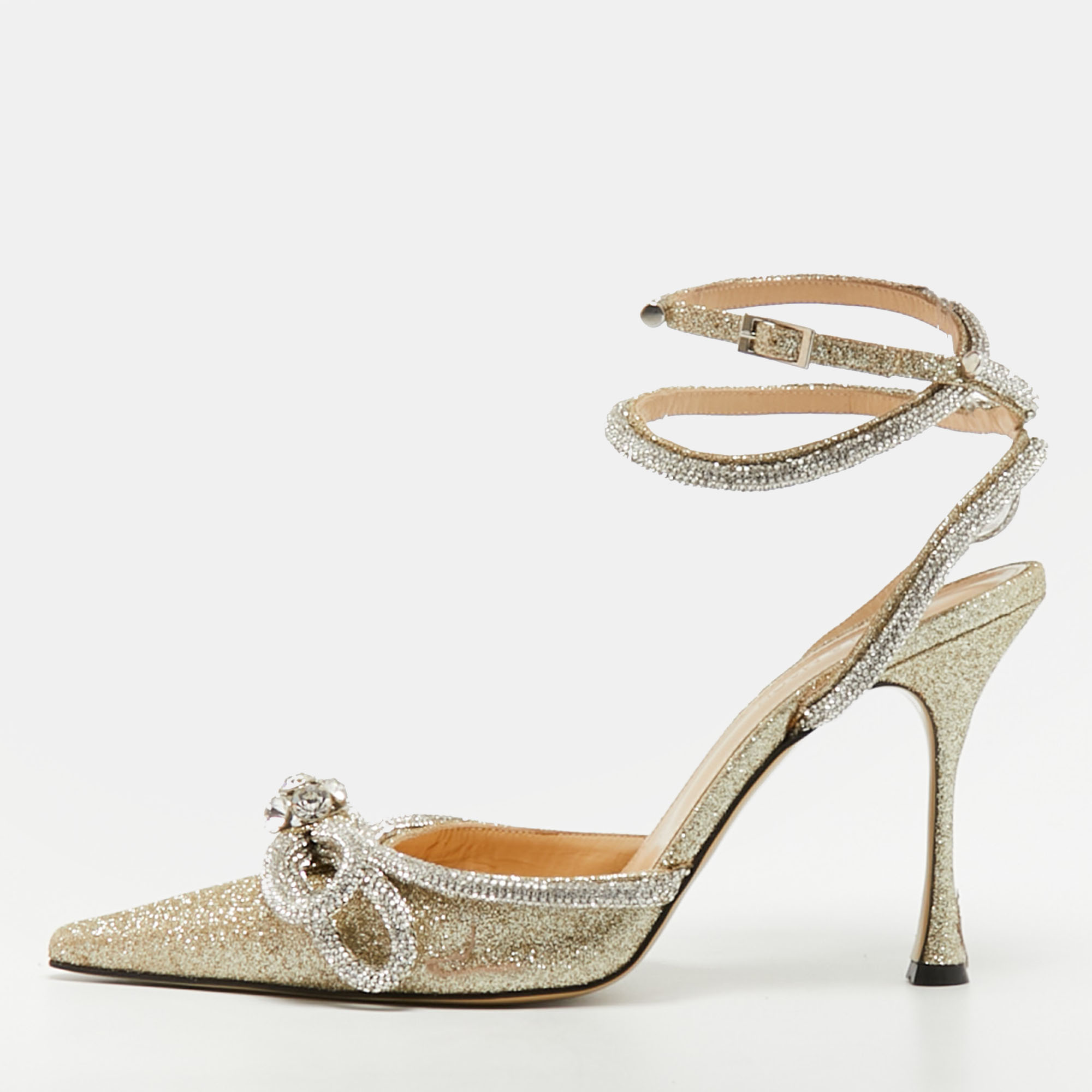 

Mach & Mach Double Bow Size  Metallic Gold Glitter Crystal Embellished Ankle Strap Pumps