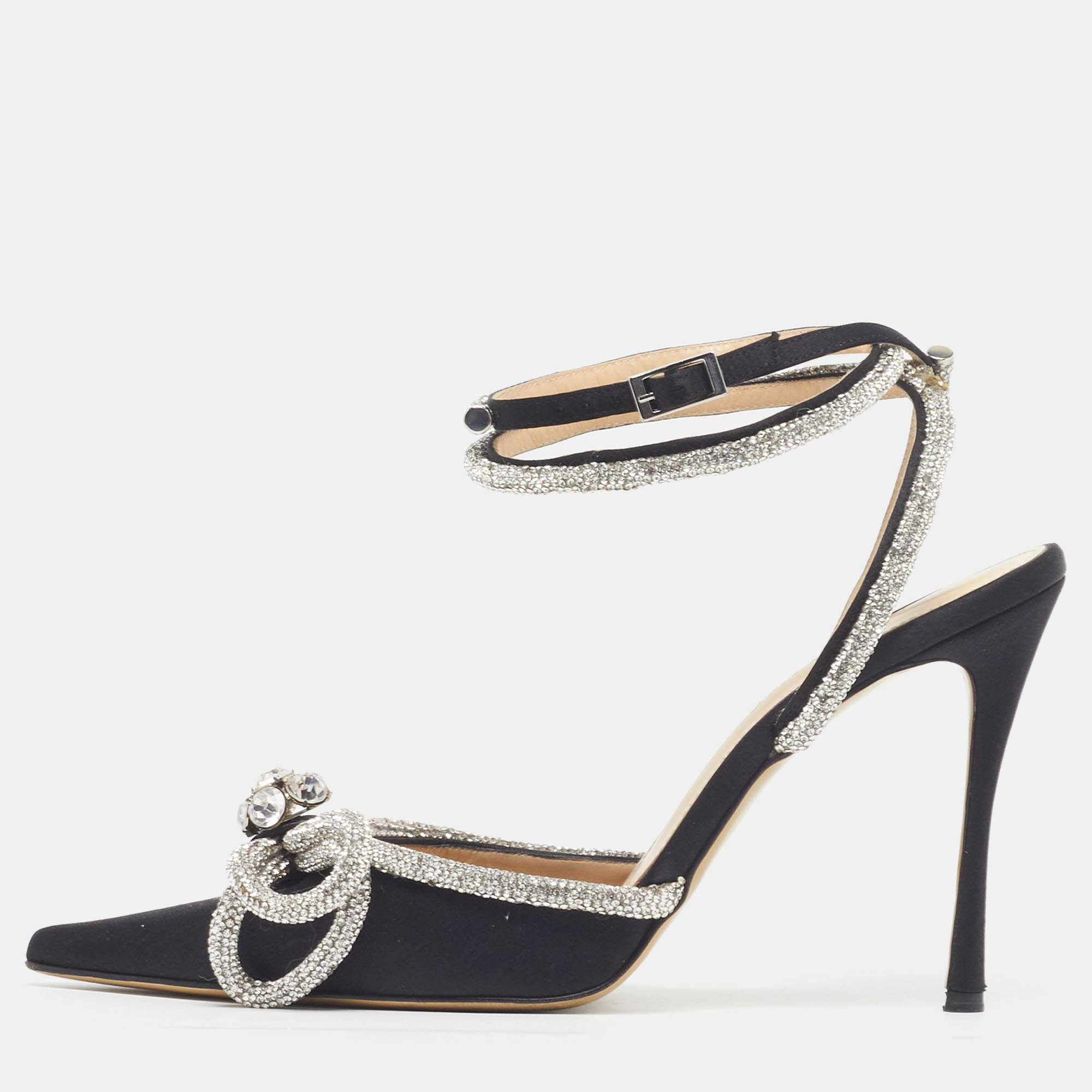 

Mach & Mach Double Bow Size  Black Satin Crystal Embellished Ankle Strap Pumps