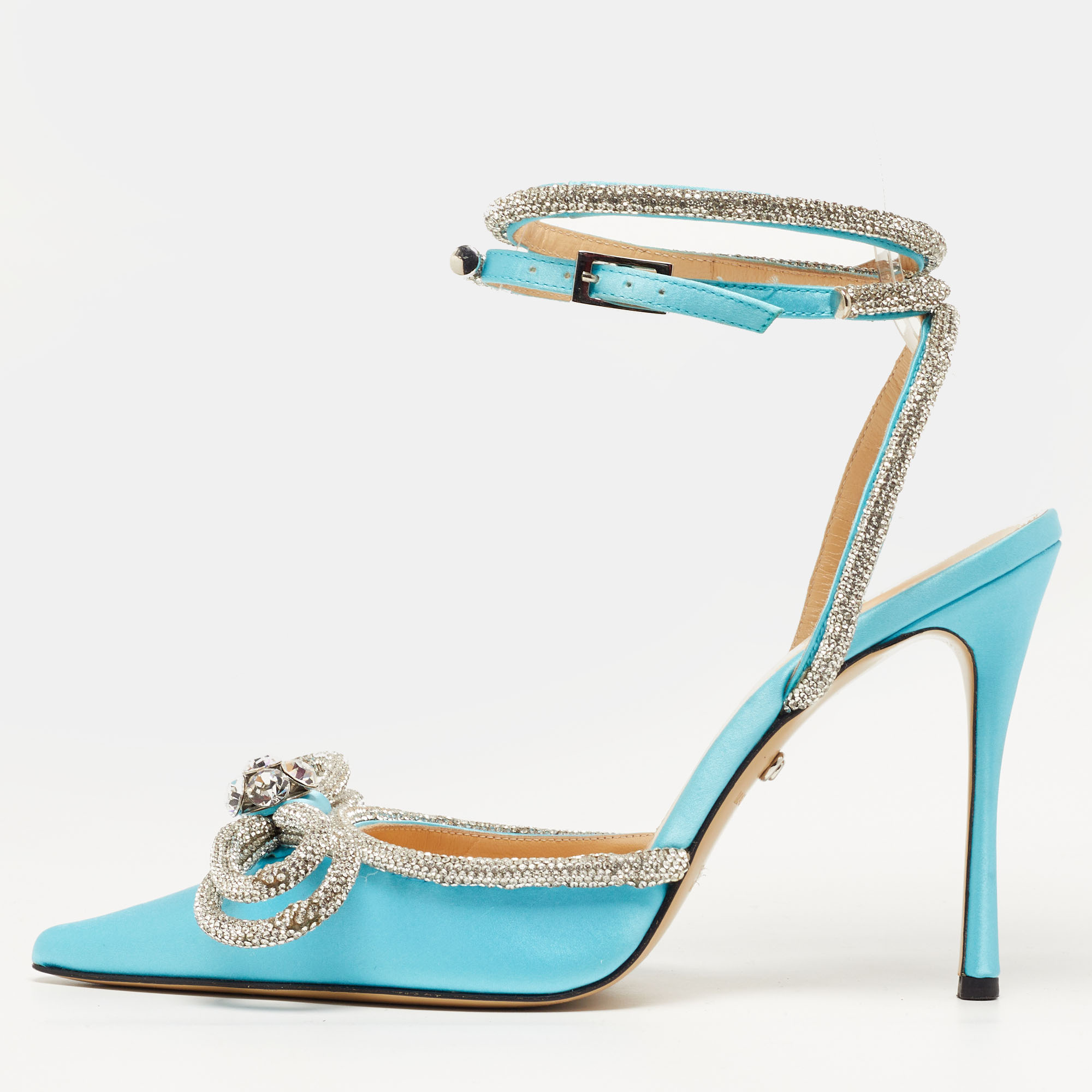 

Mach & Mach Double Bow Size  Blue Satin Crystal Embellished Ankle Wrap Pumps