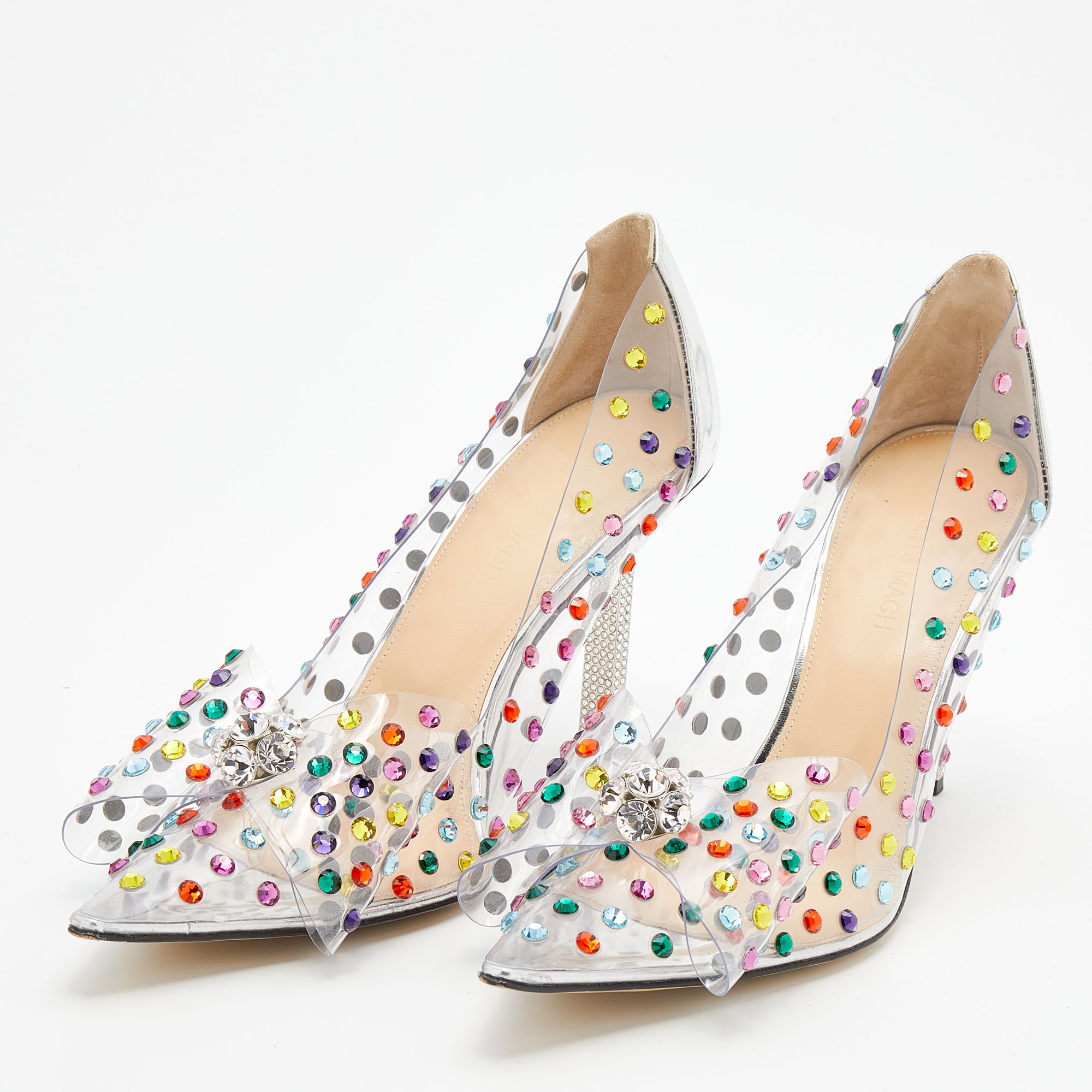 

Mach & Mach Silver Leather and PVC Crystal Embellished Bow Pumps Size