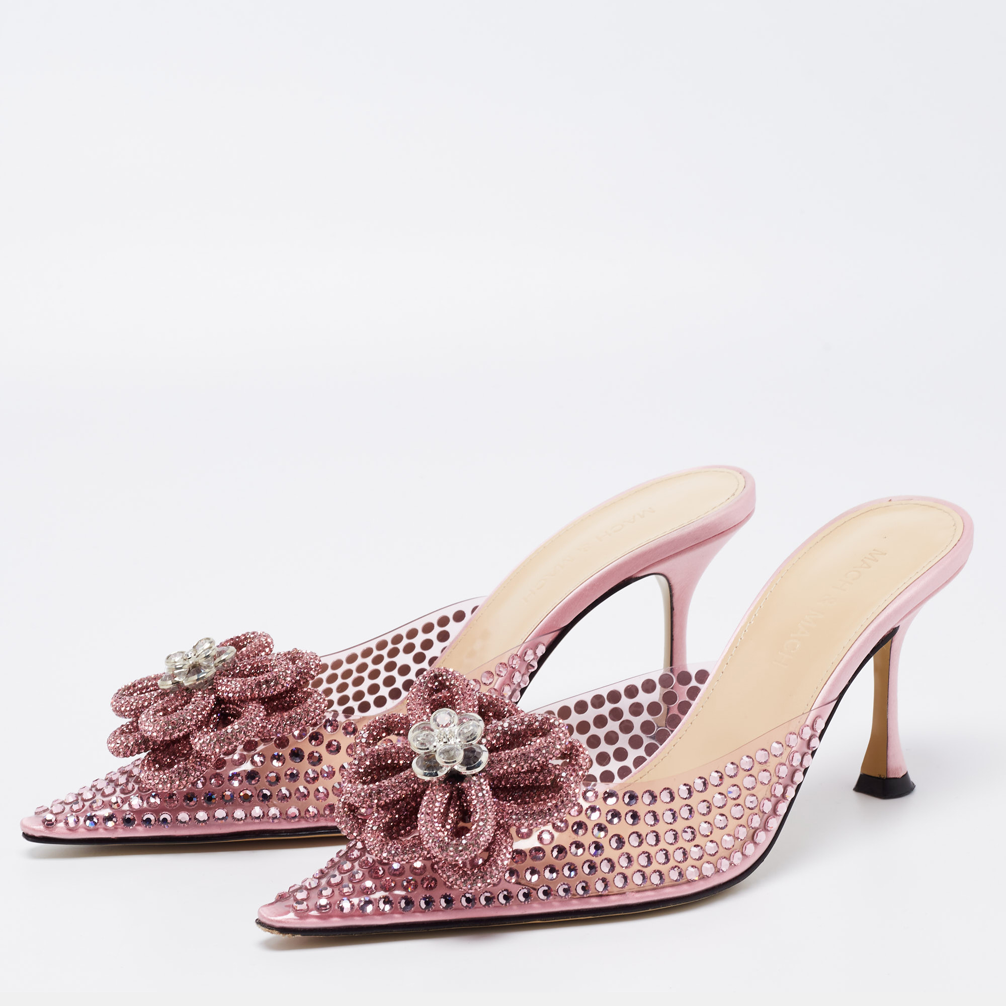 

Mach & Mach Pink PVC and Satin Crystal Flower Pointed Toe Carrie Mules Size