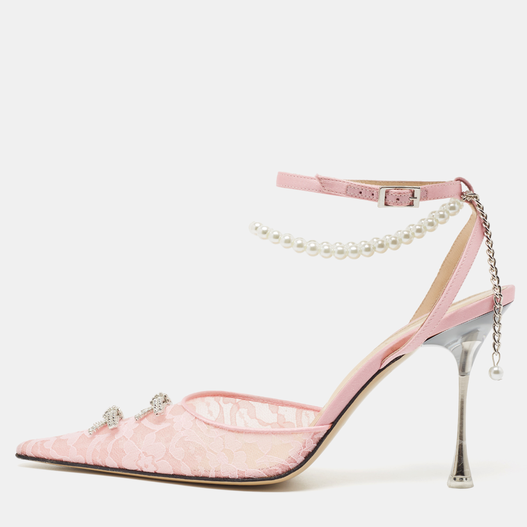 

Mach & Mach Pink Satin and Lace Crystal Embellished Ankle Strap Pumps Size