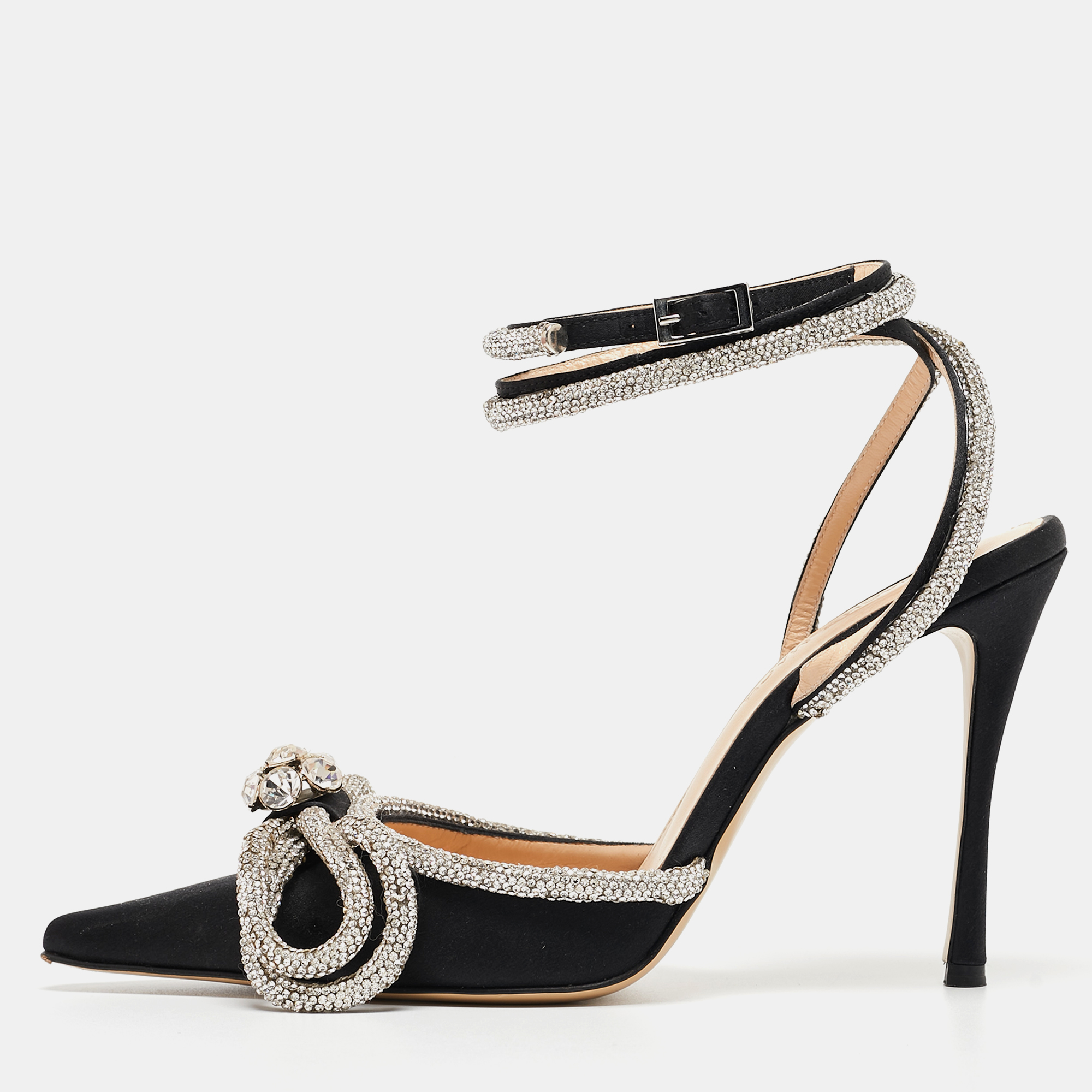 Pre Owned Mach & Mach Black Satin Crystal Embellished Ankle Wrap Pumps Size 37