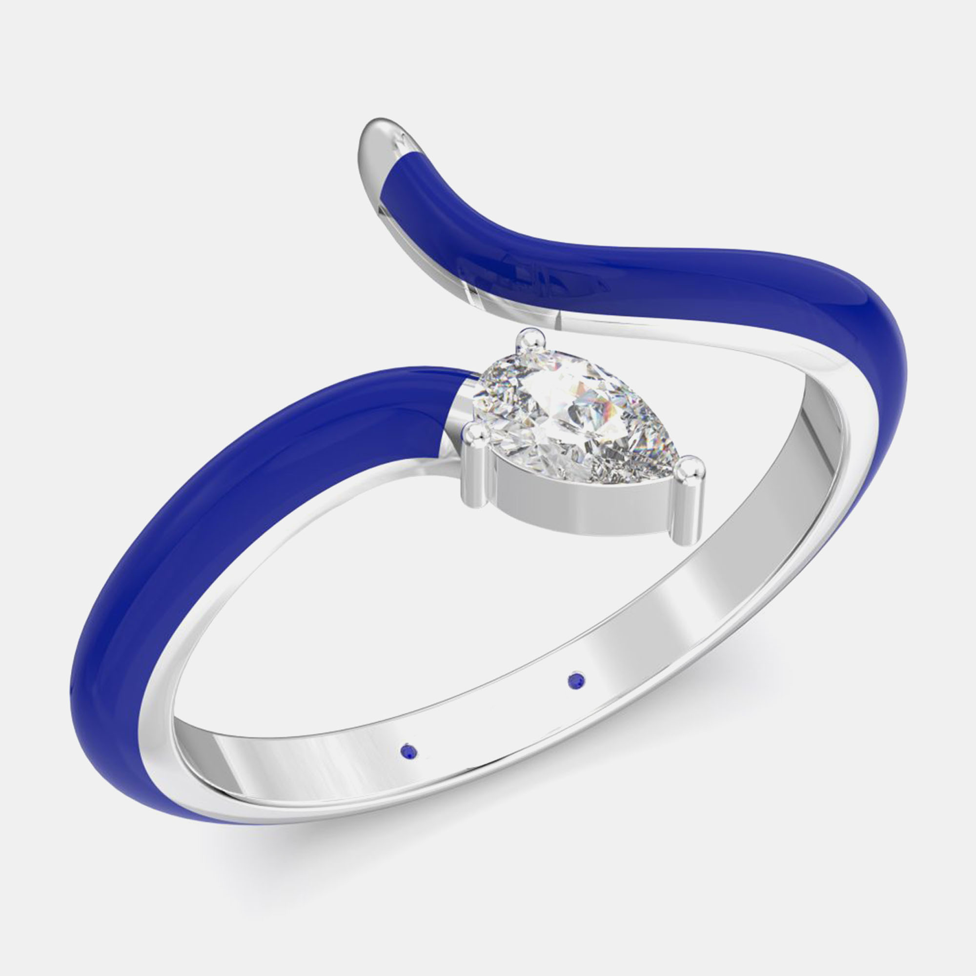 

Dark Blue Ceramic Pear Shaped Contemporary Bypass Sterling Silver Lab Grown Diamond Ring US 7