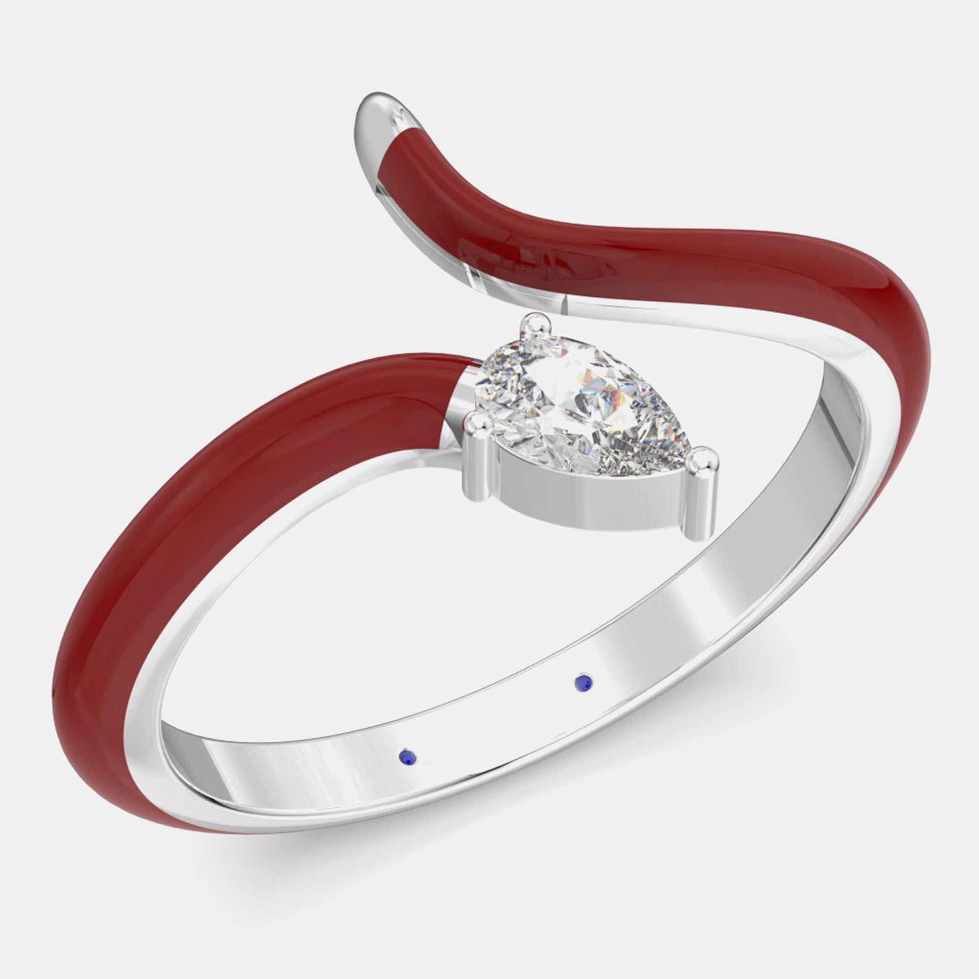 

Bright Red Ceramic Pear Shaped Contemporary Bypass Sterling Silver Lab Grown Diamond Ring US 7