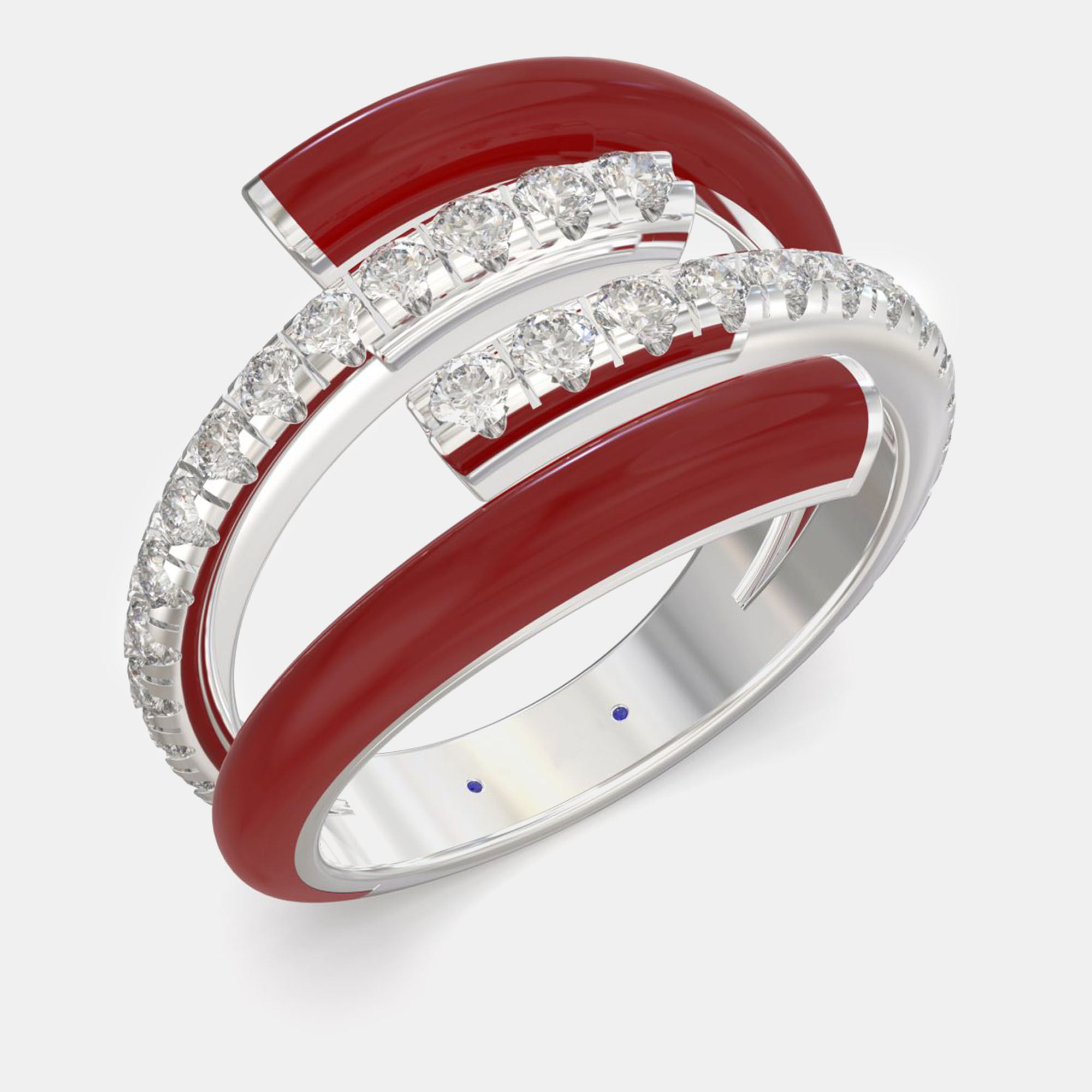 

Bright Red Ceramic Sterling Silver Lab Grown Diamond Double Bypass Two Row Accented Ring US 7