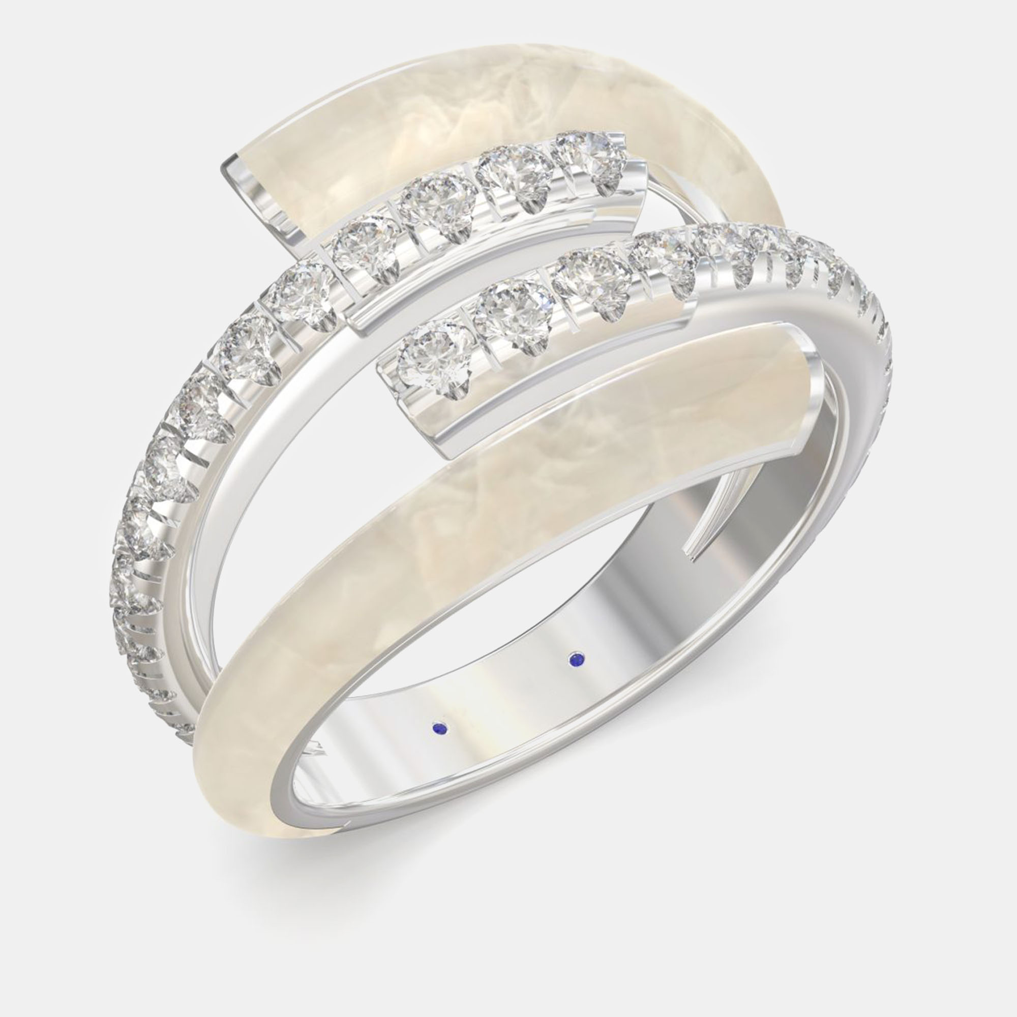 

Pearl White Ceramic Sterling Silver Lab Grown Diamond Double Bypass Two Row Accented Ring US 7