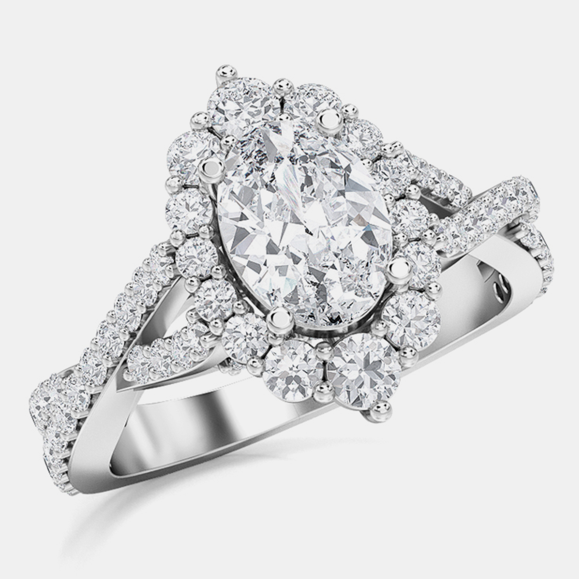 Pre-owned Made By Man 14k Double Twist Halo Lab Grown Diamonds Bridal Ring (2 Ctw 1 Oval Cut Ctr) Us 7