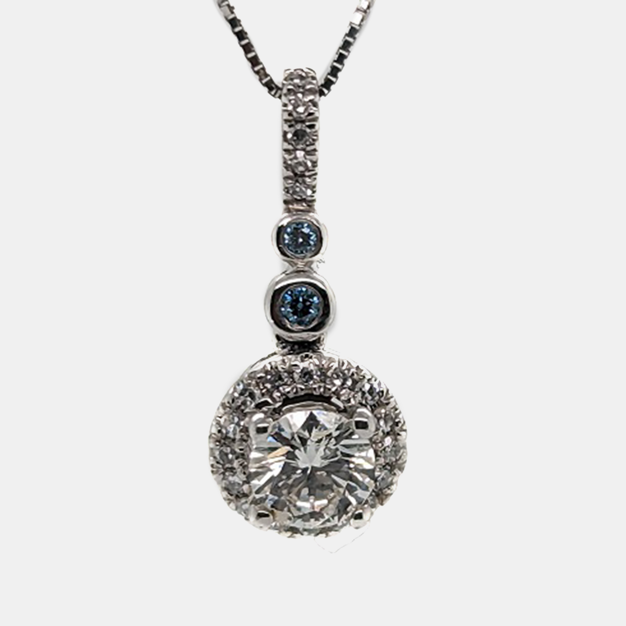 

14K White gold Blue Round Cut White Halo Lab Grown Diamonds Pendant (0.68Ctw)