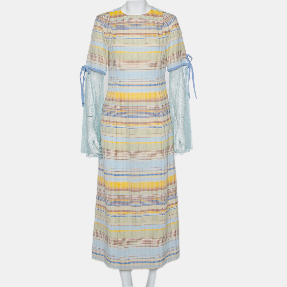 Pre-owned Madiyah Al Sharqi Multicolor Striped Textured Cotton Lace Trim Detail Maxi Dress M