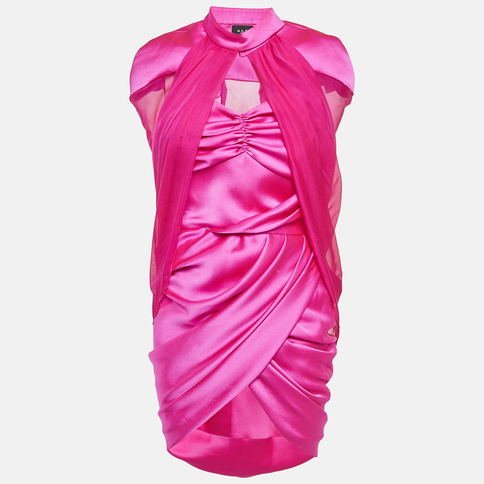 Pre-owned Mae M.a.e Pink Satin And Chiffon Gathered Generation Dress With Cape S