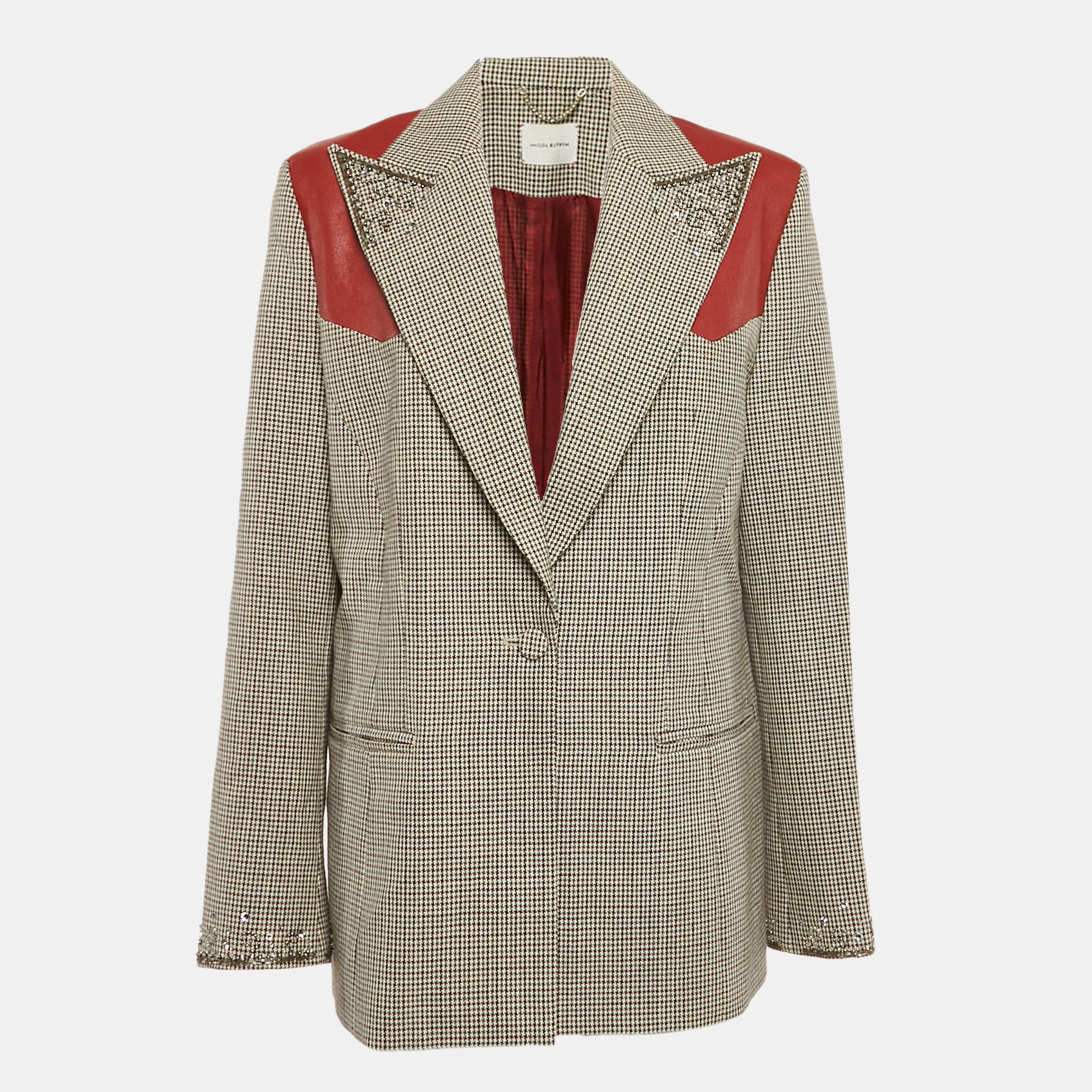 

Magda Butrym Brown Checked Leather Trim Embroidered Arkansas Blazer M