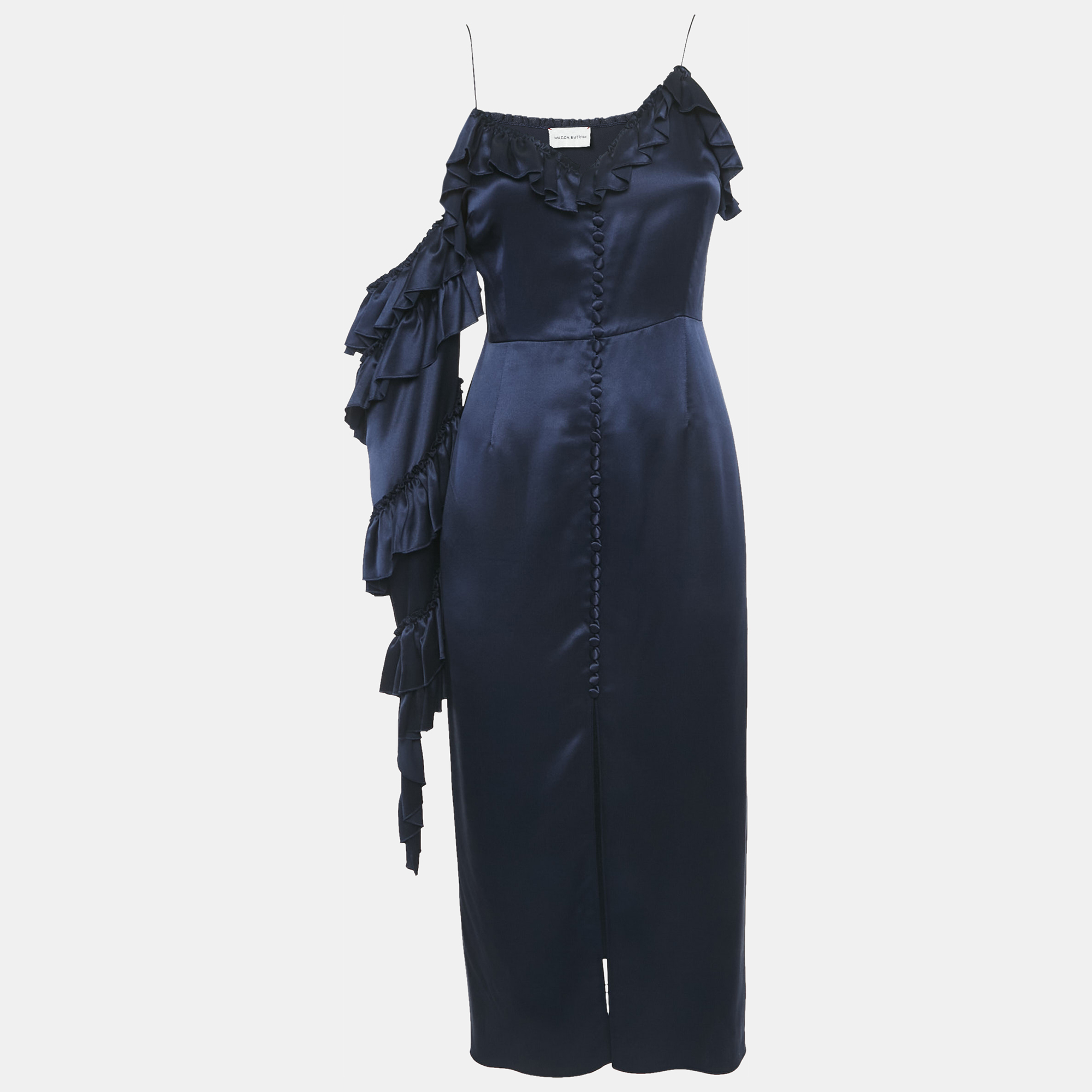 

Magda Butrym Navy Blue satin Silk Ruffled Asymmetric Sleeve Midi Dress S